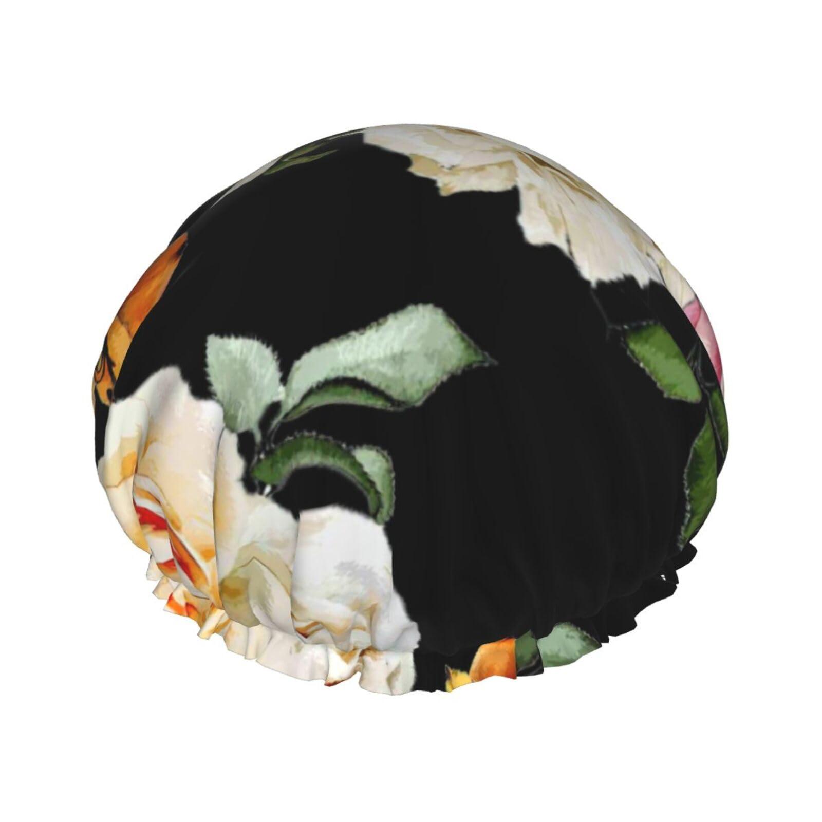 WURTON WURTON Cream Shabby Rose Flower Print Soft Shower Cap for Women, Reusable Environmental Protection Hair Bath Caps