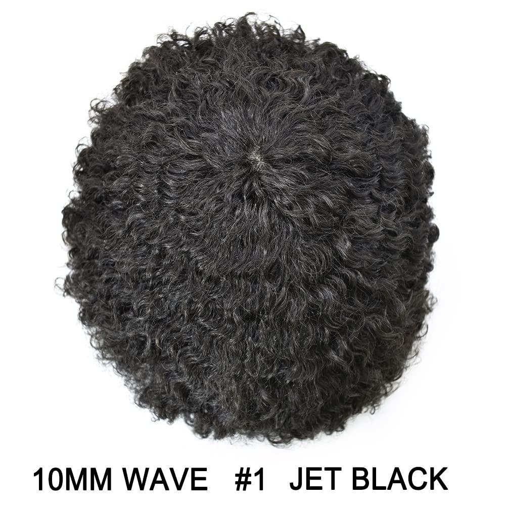 Generic Afro Toupee For Black Men Weave Hair Units Thin Skin Injection PU Human Hair Replacement System African American Wigs for Man Curly Hairpiece Prosthetics (Afro Curl 10mm, 1B Off Black)