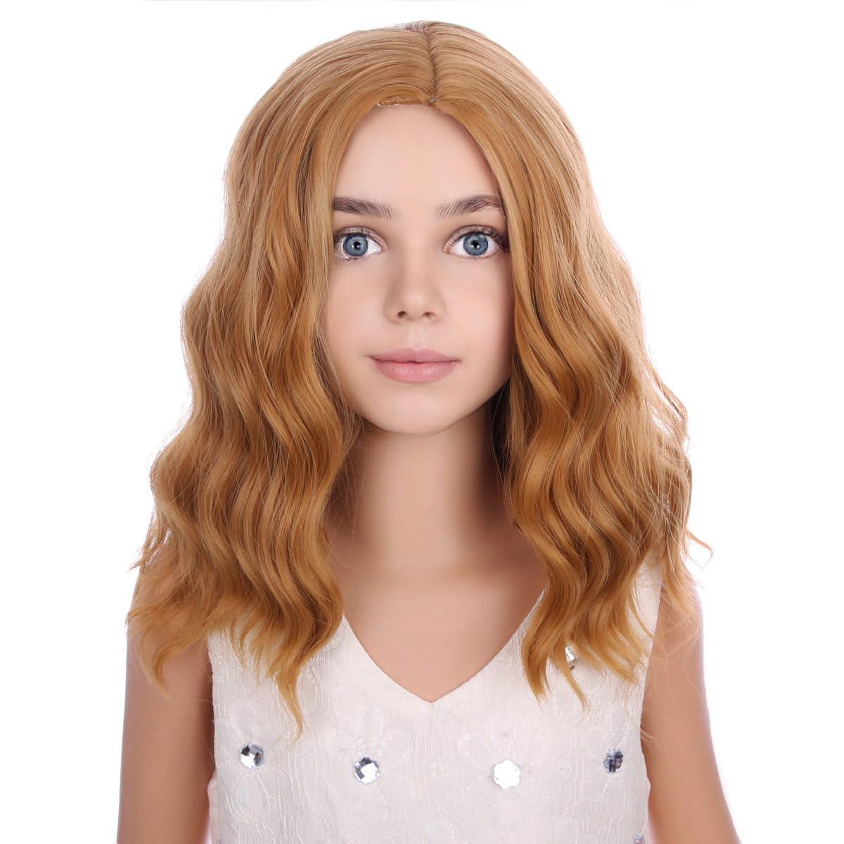 PATTNIUM PATTNIUM Strawberry Blonde Wig for Kids Child Short Curly Wavy Blonde Brown Wig Girl Side Part Shoulder Length Hair Synhhetic Wig