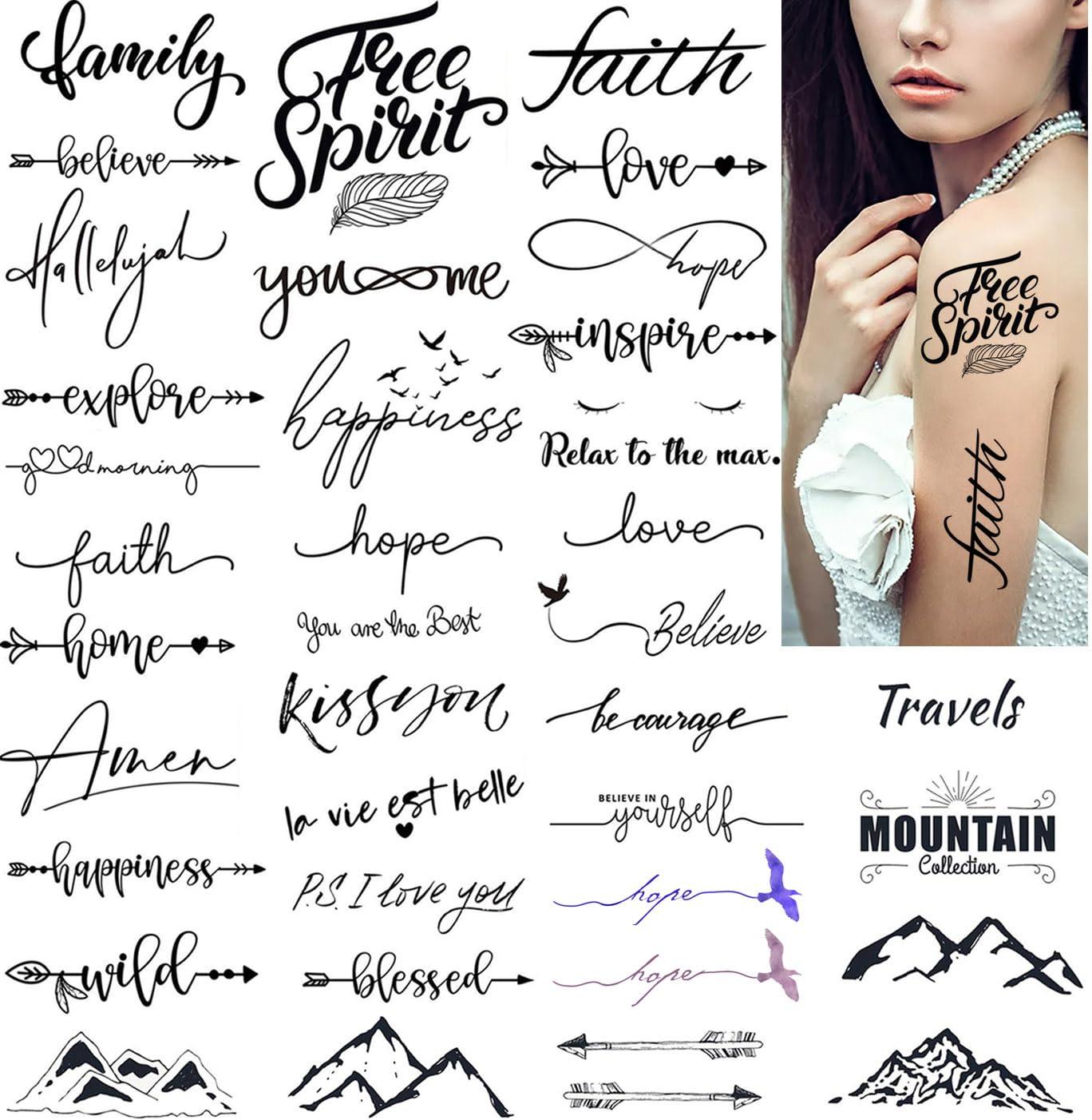 Dopetattoo Dopetattoo 36 Designs Temporary Tattoos Faith Words Hope Love Happiness Letters Believe Fake Tattoos for Women Girls Men Adults