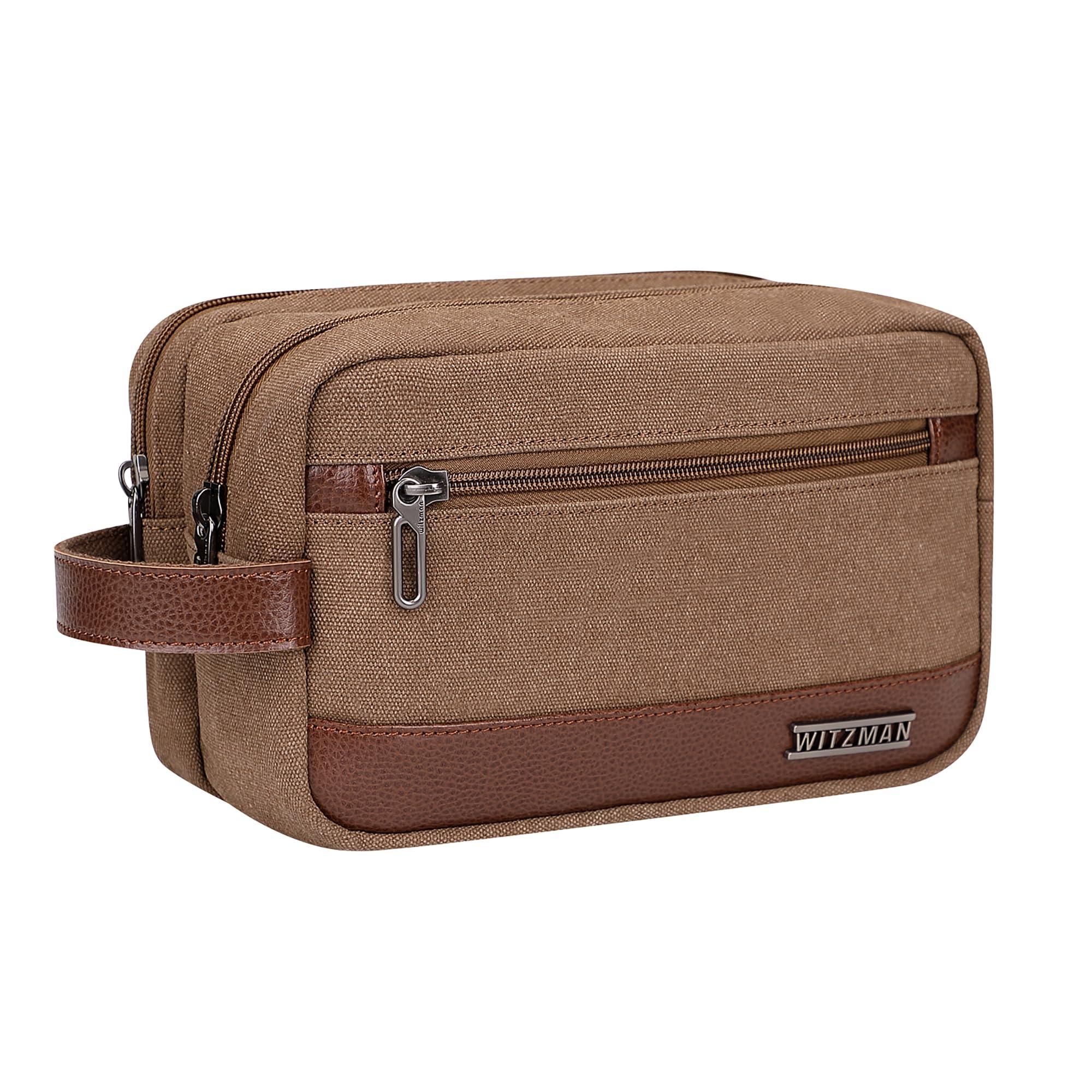 WITZMAN WITZMAN Canvas Toiletry Bag for Men Hanging Dopp Kit Organizer Water-resistant Men Travel Toiletries Bathroom Bag with Wet Pocket(A8001 Brown)