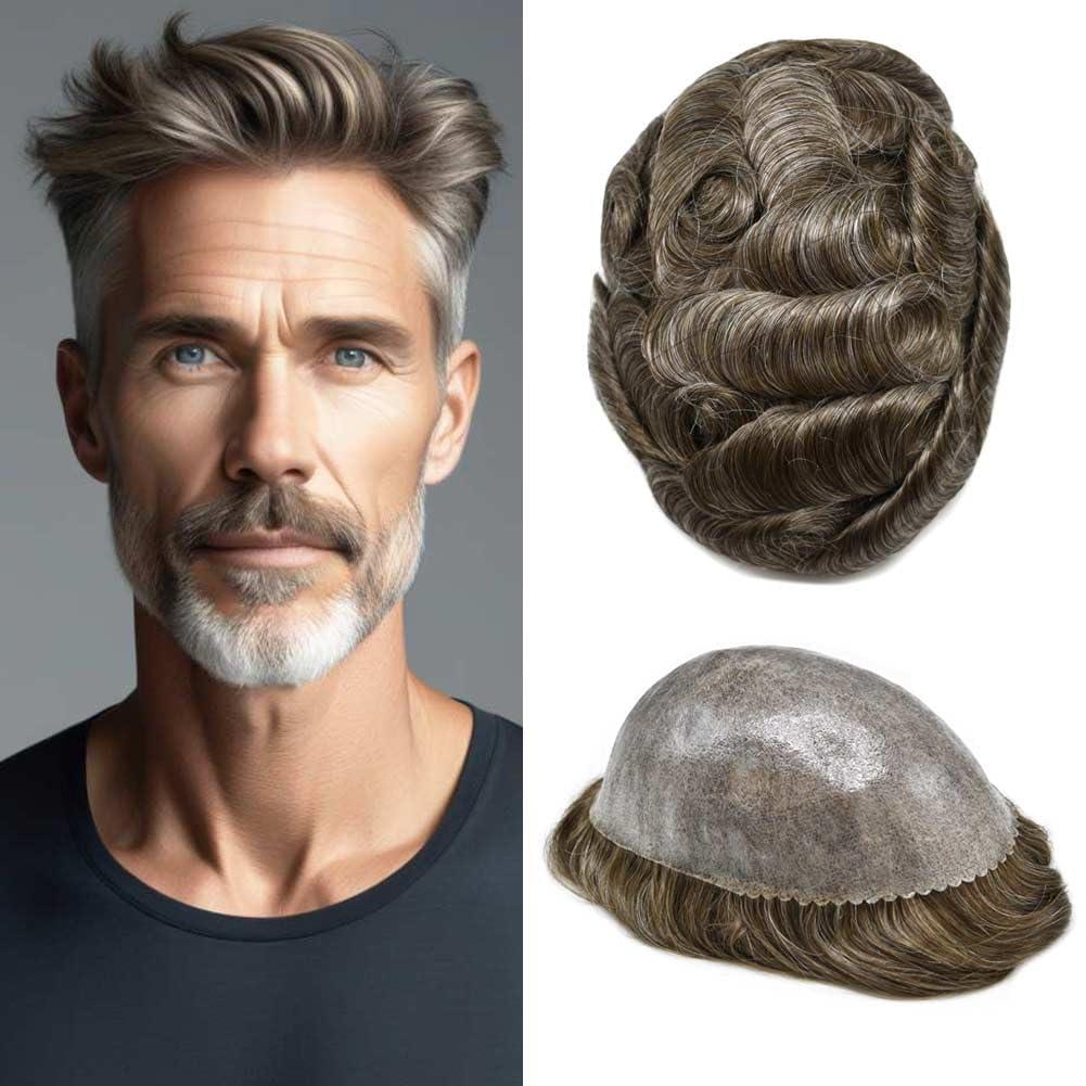 Generic Toupee for Men Hair Replacement System All Poly Mens Toupee Human Hair Units Skin PU Mens Hair Piece Grey Black Brown Patch Wigs (#340 3# DARK BROWN WITH 40% SYNTHETIC GREY)