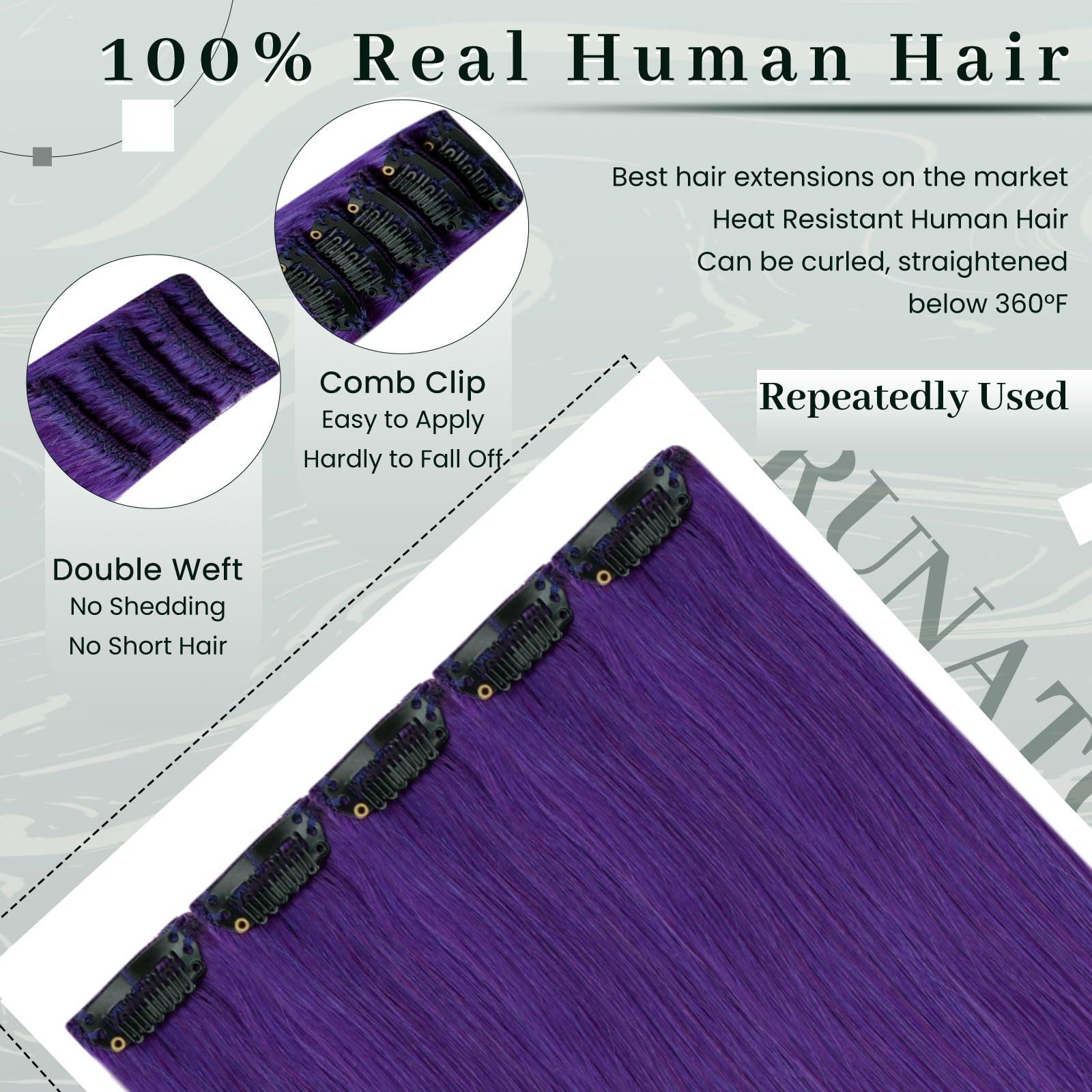 RUNATURE RUNATURE Purple Clip in Hair Extensions, Real Human Hair 22 Inch 25g 5pcs Long Colored Hair Extensions for Kids, Long Colorful Highlight Party Hair Extensions Easy Styling