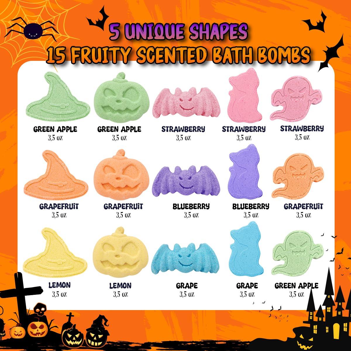 NJSTARC 15 Count Halloween Bath Bombs with Pumpkin Bucket, Halloween Spooky Bath Bombs for Kids, Adorable Hallowen Trick o Treat Party Favors for Kids
