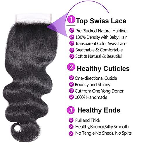 UDesire UDesire Body Wave Lace Closure 4x4 Free Part Closure Human Hair Brazilian Virgin 100% Unprocessed Human Hair Lace Closure Natural Black Color with Baby Hair(18inch