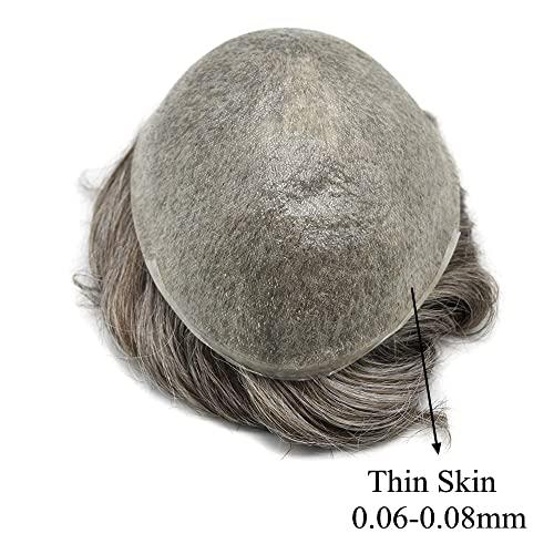 JUST HAIR PU Skin Toupee for Men European Human Hair Pieces for Men Hair Replacement System 10x8 Inch 0.06MM Ultra Thin Skin V-Looped Mens Toupee Hair Units (100% Density, 1B50# Natural Black With 50% Gray)