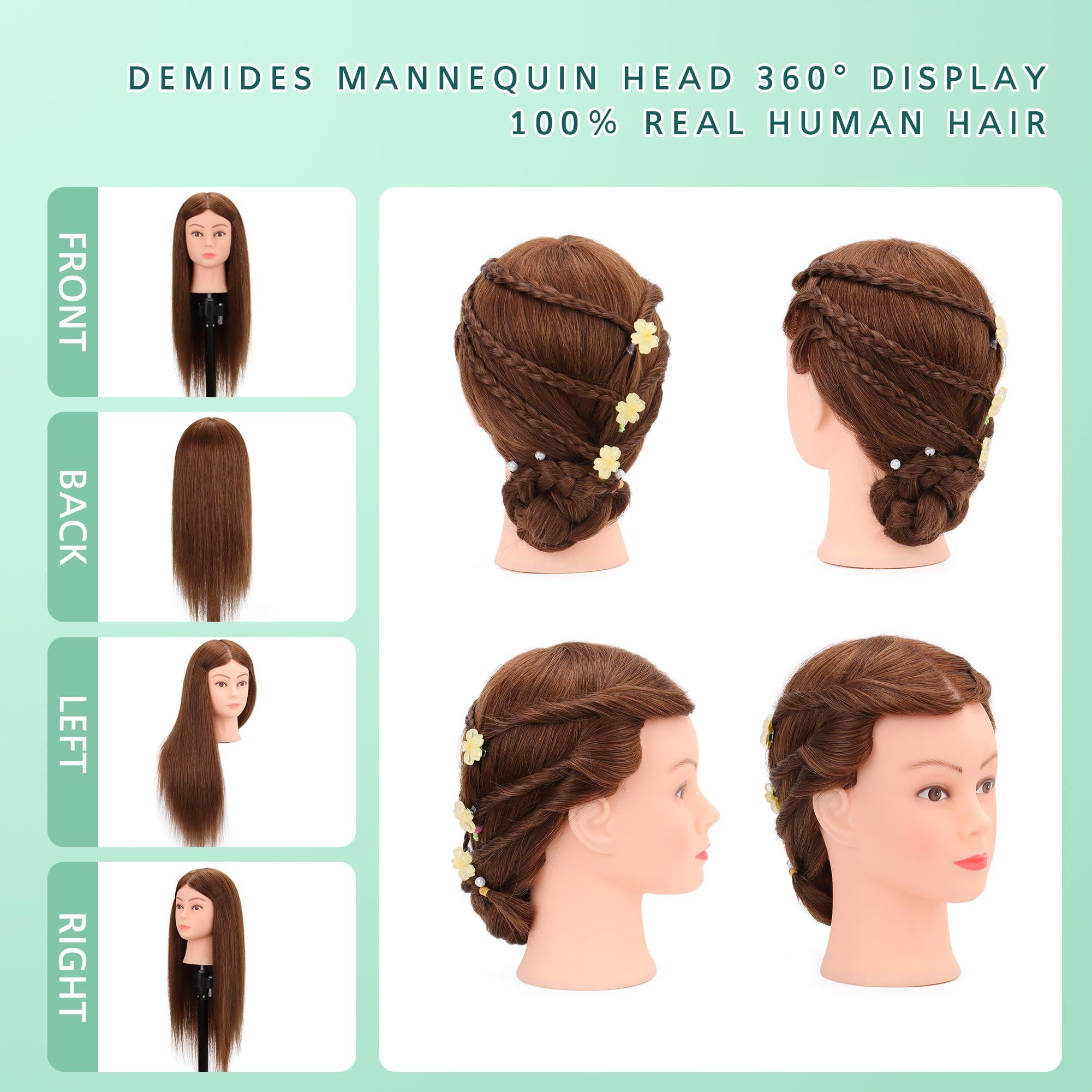 Demides Demides 22-24 Mannequin Head with Human Hair, Cosmetology Mannequin Head 100% Real Human Hair, Manikin Head with Stand for Hairdressers Practice Braiding Styling Cutting Dying Styles
