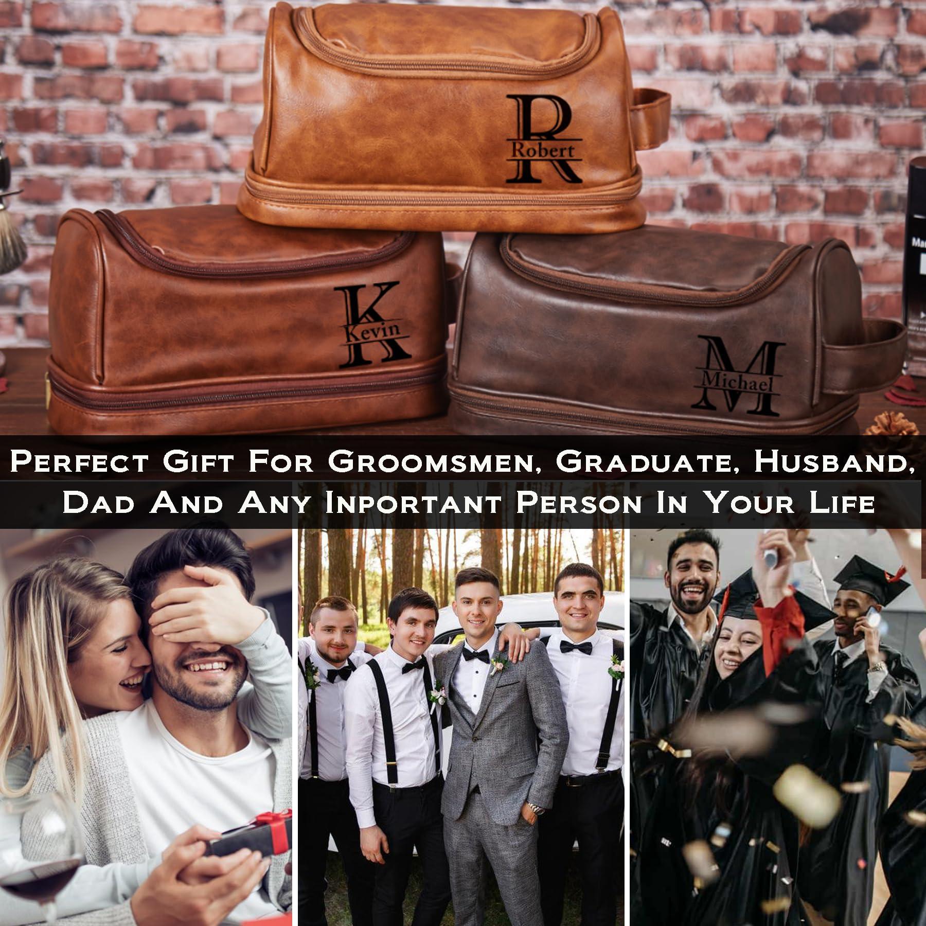 Munidow Munidow Personalized Toiletry Bag For Men, Customed Travel Bag with Hook, Handcrafted Leather Shaving Dopp Kit, Engraving Name Surprise for Groomsmen/Anniversary/Birthday/Husband/Dad -Brown