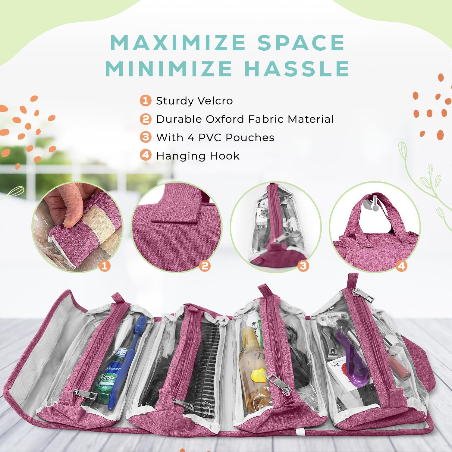 Ceshain 4-in-1 Hanging Toiletry bag - Roll-Up Makeup Bag - 4 Detachable PVC Zip Pouches 600D Oxford Fabric, Versatile Travel Toiletry Organizer Bag - Makeup, Cosmetics, First Aid, Medicine Personal Care,