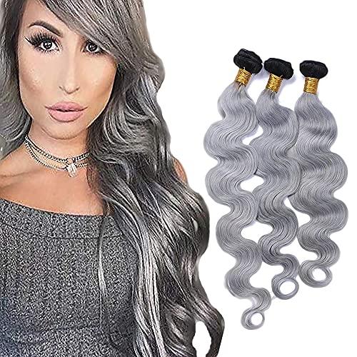 Freiuoke Silver Bundles Ombre Body Wave Human Hair Bundles Brazilian Grey Body Wave Bundles Virgin Hair 3 Bundles 18 20 22 Inch Two Tone Grey Hair Extensions 1B/Grey Bundles