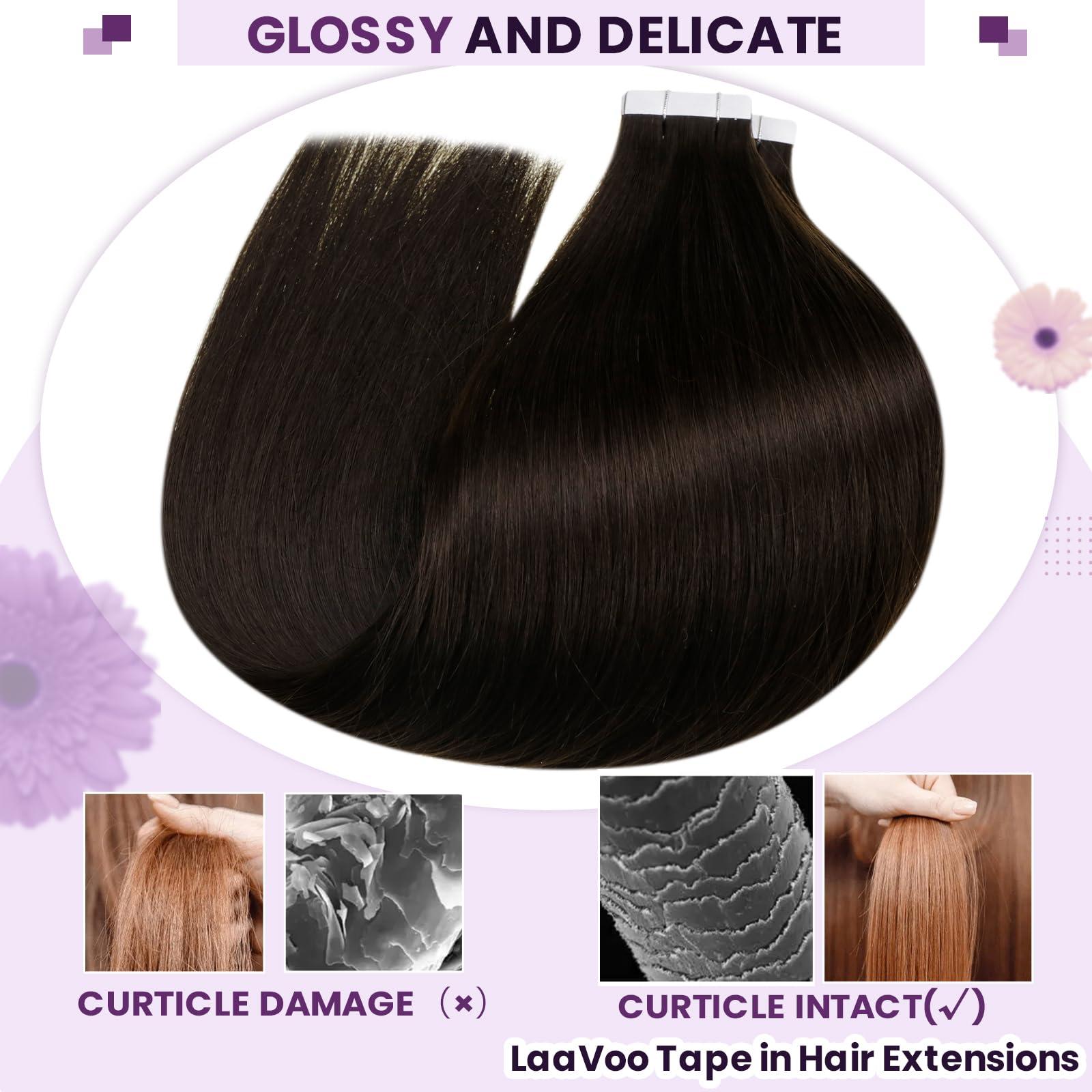 LAAVOO LaaVoo Tape in Extensions Human Hair Brown Tape in Hair Extensions Human Hair #2 Darkest Brown Hair Extensions Tape in Human Hair 14 Inch 20 Pcs 40 Gram Invisible Tape Extensions Human Hair