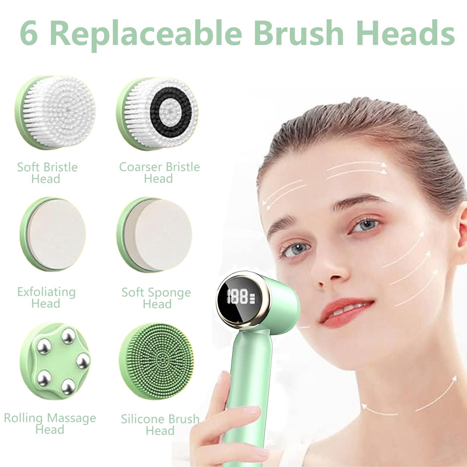 DotPet Facial Cleansing Brush, 6 in 1 Electric Face Scrubber with 6 Brush Heads and 3 Spin Speeds for Deep Cleansing, Waterproof Rechargeable Face Brushes for Dry Oily Sensitive Skin (Green)