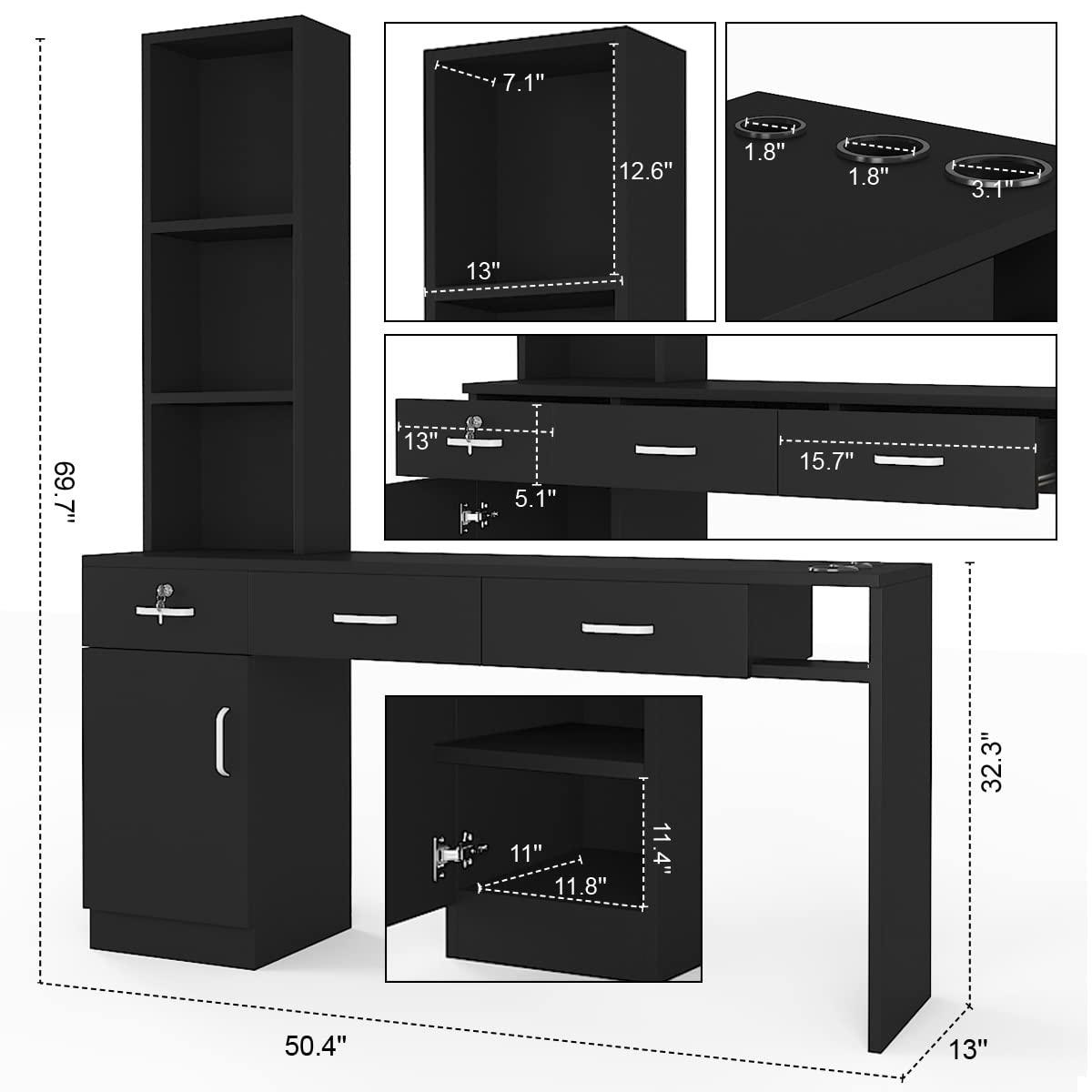 Paddie Paddie Barber Salon Station Wall Mount Hair Styling Salon Equipment Set Beauty Spa Furniture Set, Lockable Left Shelf, Mirror not Included(Black)