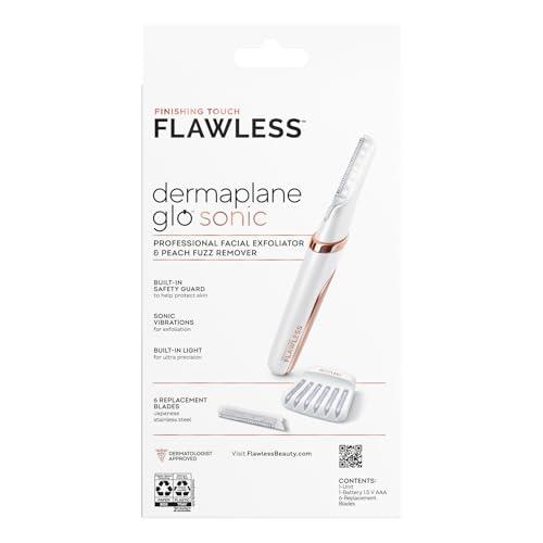 Finishing Touch Flawless Finishing Touch Flawless Dermaplane Glo Sonic Lighted Facial Exfoliator, Electric Vibrating Dermaplane Razor for Dermaplaning, Facial Hair Removal, 6 Replacement Heads