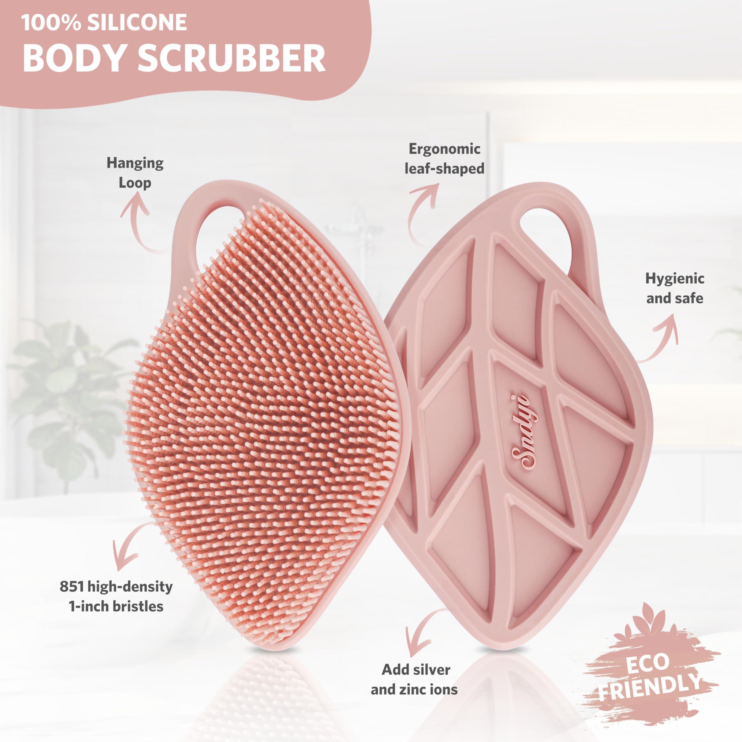 Sndyi Sndyi Silicone Body Scrubber, Gentle Exfoliating Body Scrubber for Sensitive Skin, Leaf Shaped Shower Scrubber for Body with Lathering Bristles, Silicone Loofah Body Brush for Showering, Pink