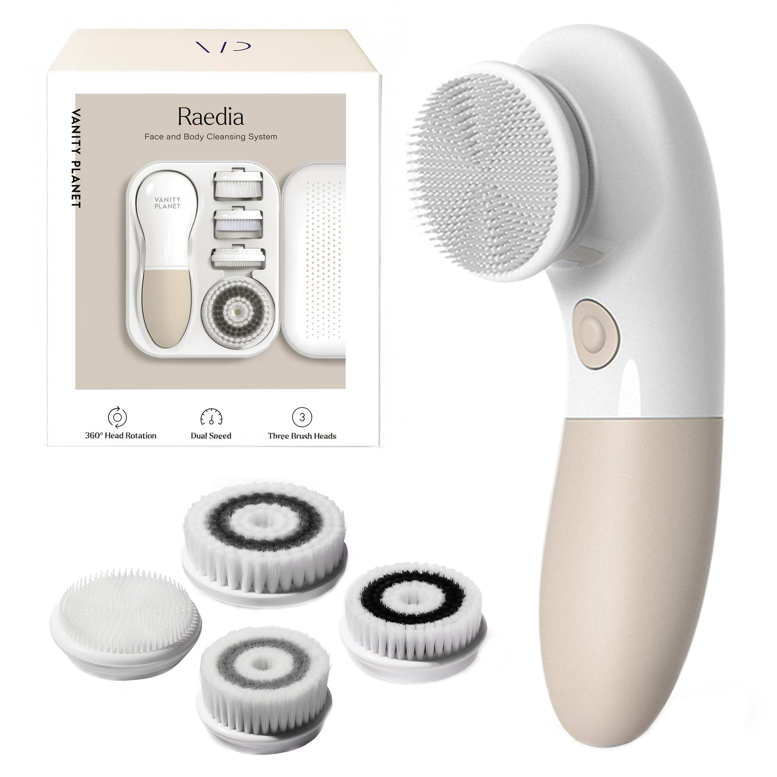 Vanity Planet Raedia Handheld Facial Cleansing Brush with 4 Interchangeable Brush Heads by Vanity Planet - Lightweight Daily Cleansing Brush for Glowing Skin - Water Resistant Face Exfoliator - Warm Grey