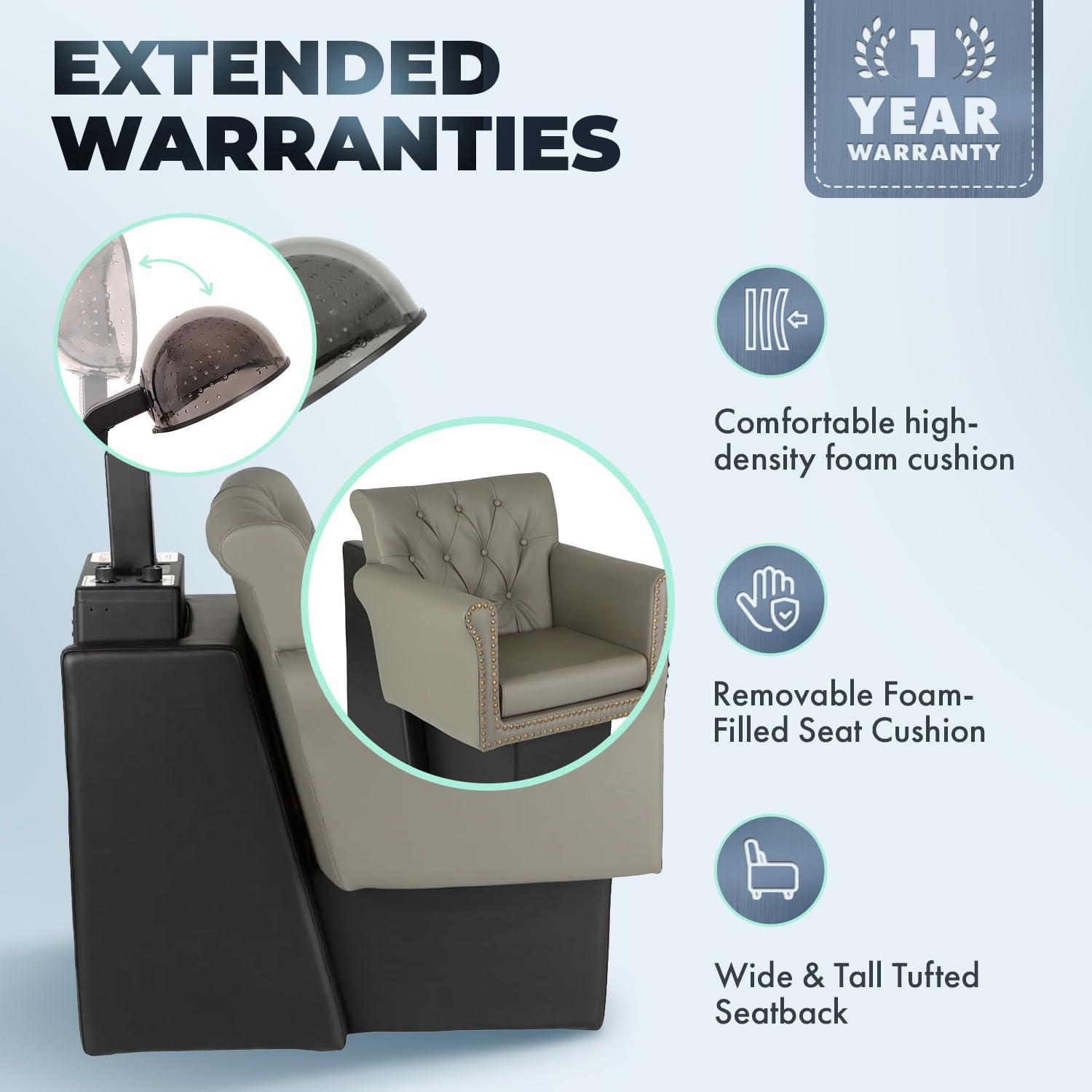 Buy-Rite Salon & Spa Equipment Buy-Rite Chelsea Professional Hair Dryer Chair Combo, Commercial Salon Dryer with 980 Watt Hood, Extra Wide Tufted Chair, Brass Nailhead Trim, NIN-9902DC&HL-1500-GRY (Gray)