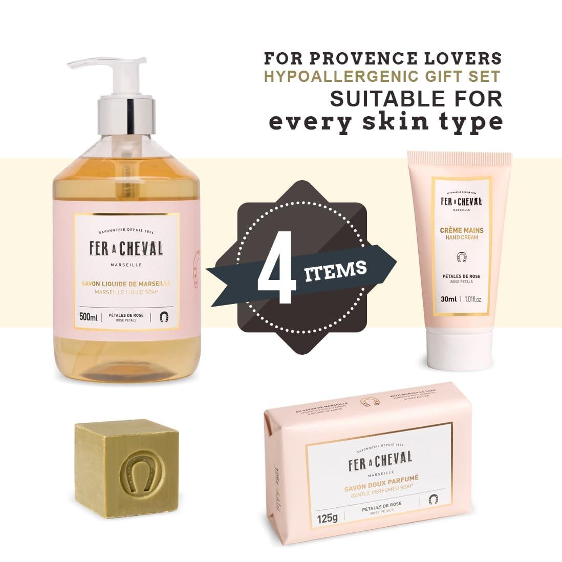 Fer a Cheval Fer Cheval Luxurious Tender Rose Gift Set | Pure Olive Oil Soap 100g/3.53oz, French Hand Cream 30ml/1.01Fl Oz, Moisturizing Bar Soap 125g/4.41oz, Liquid Marseille Soap 500ml/16.9 Fl Oz