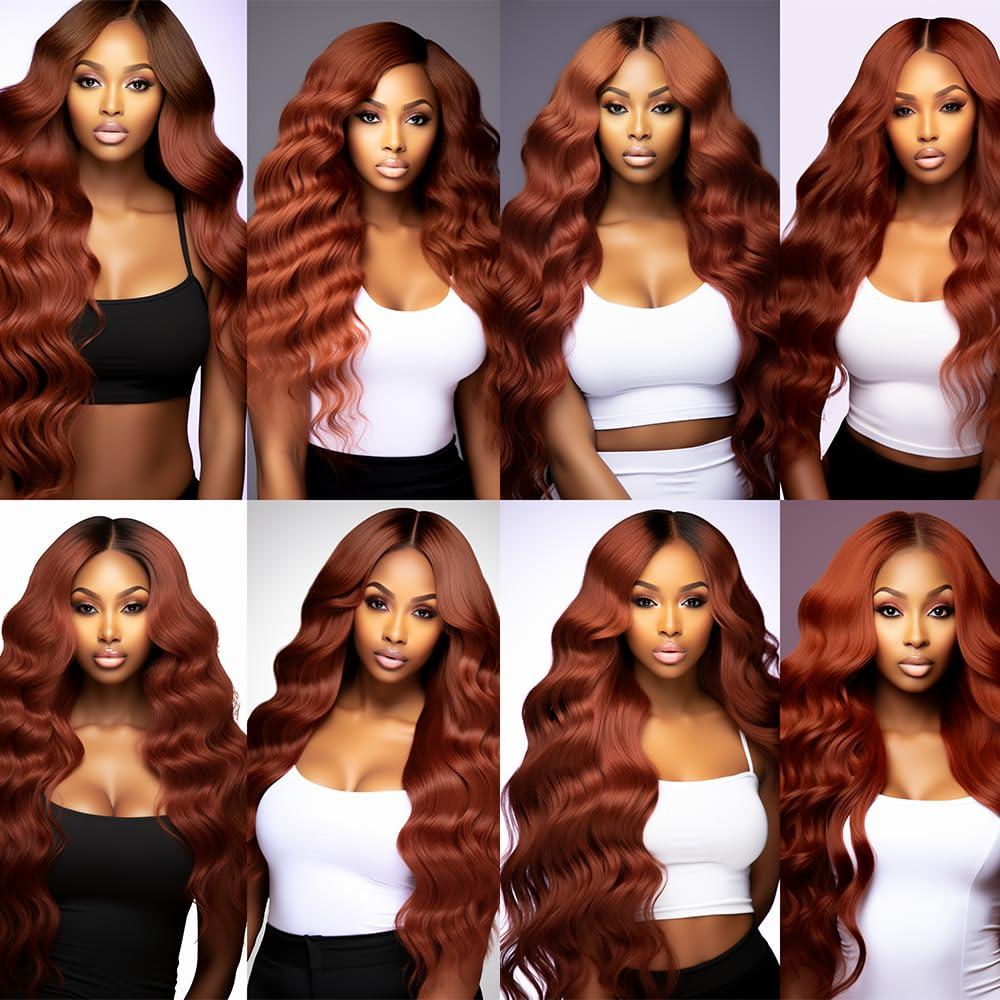 Yuksoocosh Color #33 Body Weave Bundles Human Hair Reddish Brown Body Wave Bundles Auburn Human Hair Double Weft Brazilian Remy Hair Weave Extensions Wet and Wavy Silky Soft for Black Women(20 22 24 Inch)