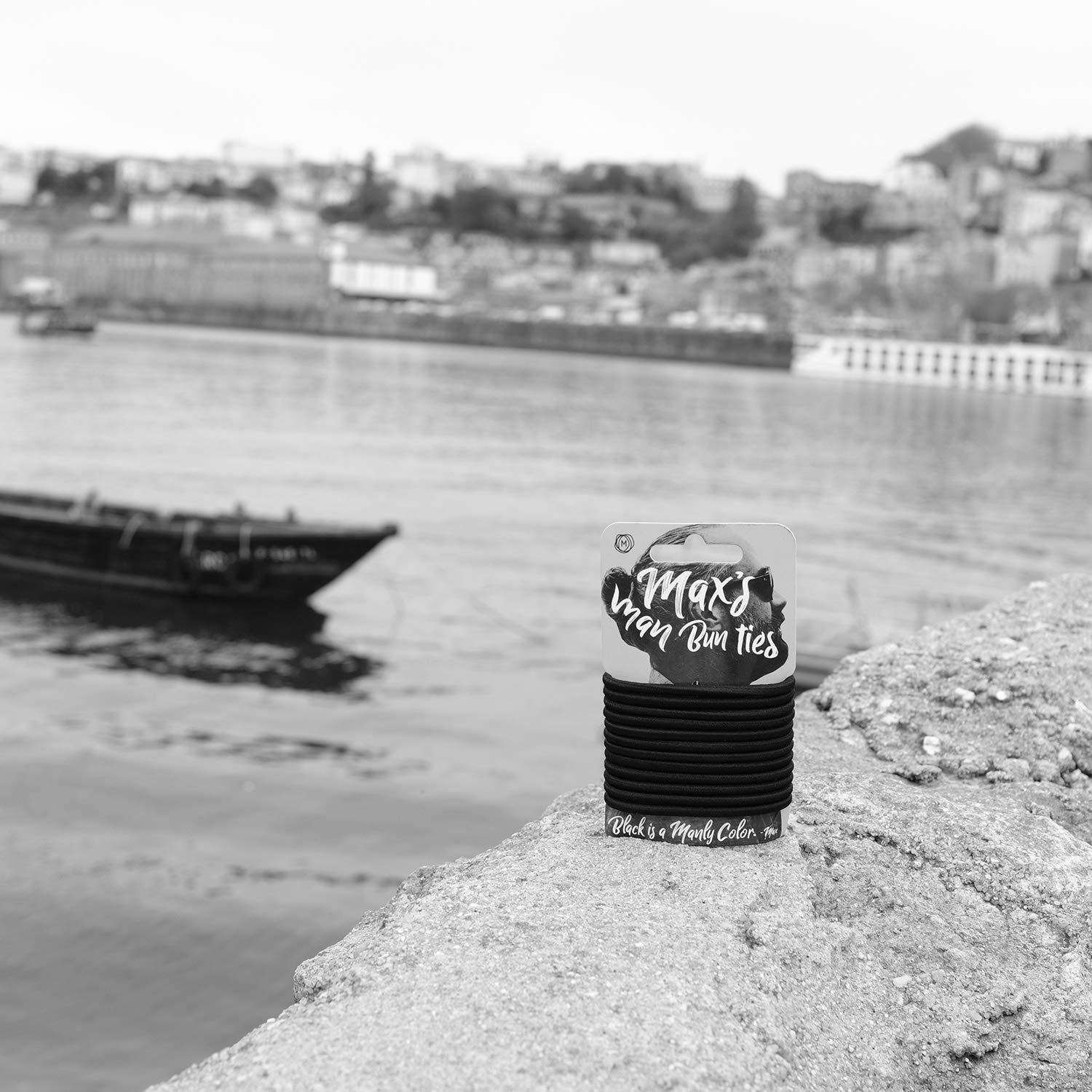 Max's Man Bun Ties No Tangle, No Damage Soft Hair Elastics, Supports 7-8 Pounds of Hair, Metal Free - 12 Pack 4mm Strong Man Bun hair Ties Black Bands