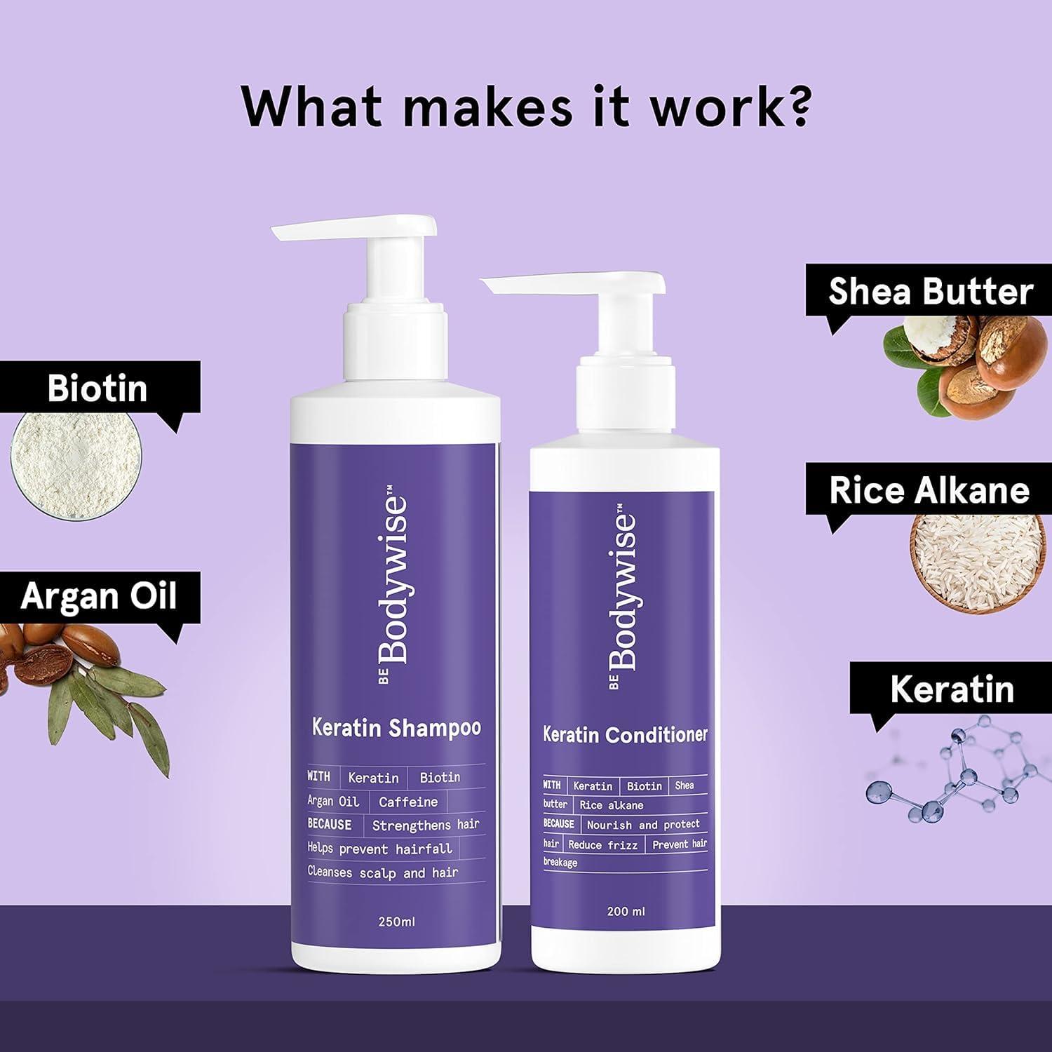 Generic Be Body.wise Keratin Hair Fall Control Shampoo & Conditioner | Ultra Smoothing Shampoo + Conditioner with Niacinamide, Biotin, Argon Oil, Shea Butter & Caffeine | Paraben & SLS free, 450ml.