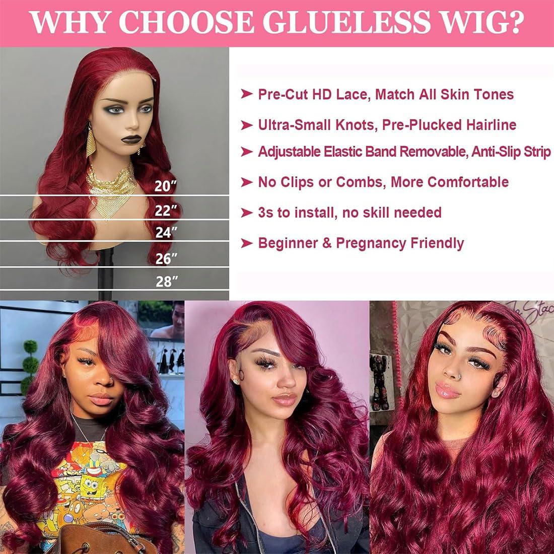 Ladyrite 99J Burgundy Lace Closure Wigs Human Hair Glueless Wigs Human Hair Pre Plucked Pre Cut 5X5 Lace Front Wig 99J Body Wave Lace Closure Wigs Pre Plucked With Baby Hair 180 Density for Women 16 Inch