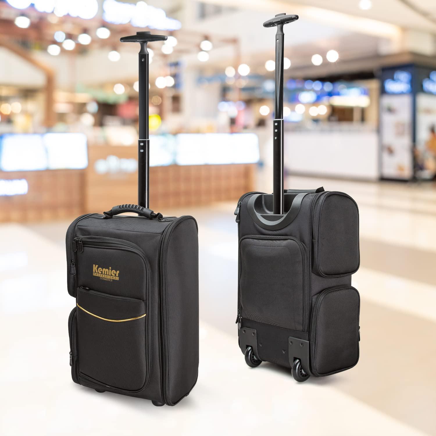 Kemier Kemier Travel Makeup Train Case - Professional Rolling Cosmetic Case Portable Artist Makeup Backpack with Wheels Large Capacity Trolley Organizer Storage Bag for Women Black