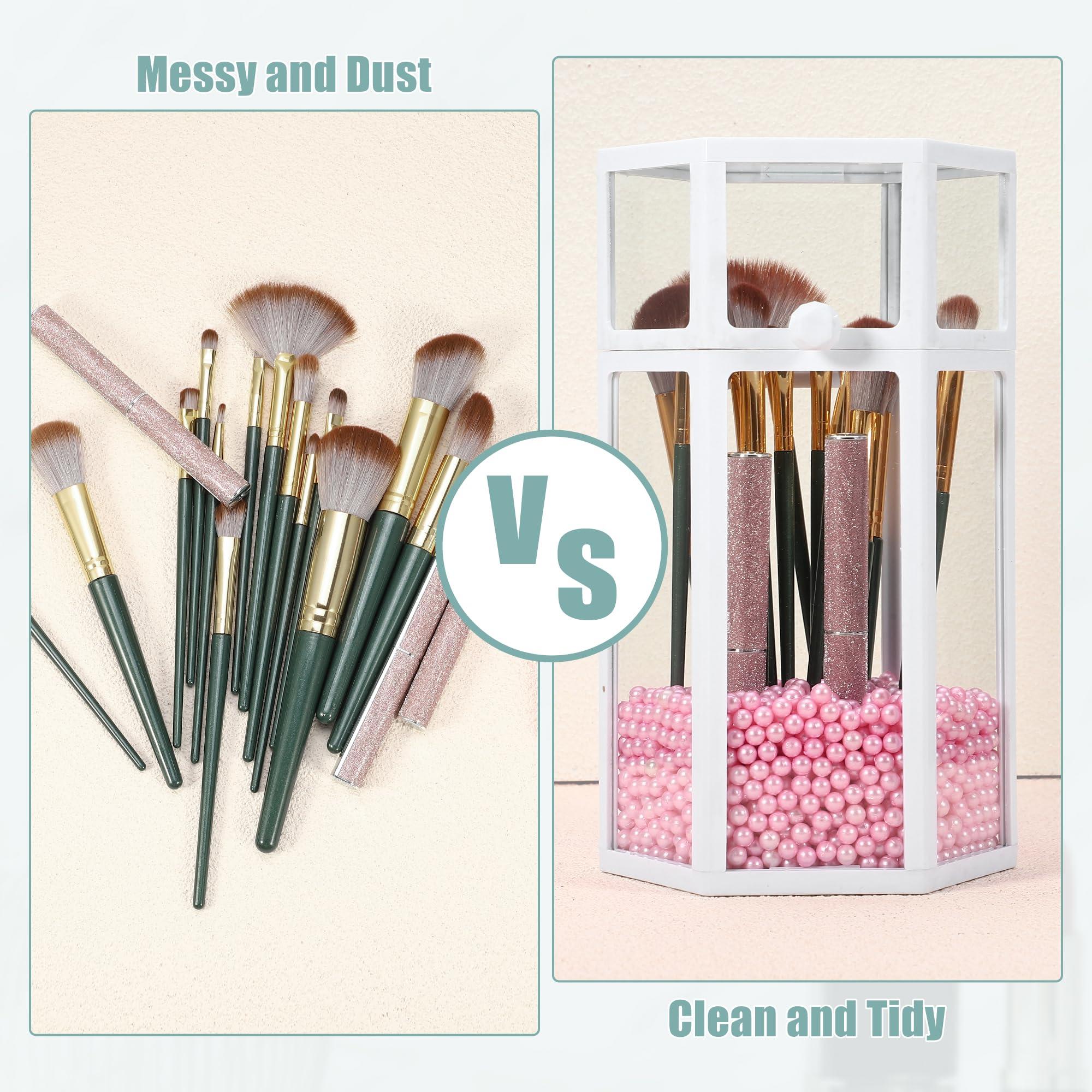 VOCOSTE VOCOSTE Clear Makeup Brush Holder, Dustproof Makeup Brush Storage Box with Lid, Glass Makeup Brush Holder for Vanity, Hexagon with Pink Faux Pearl, White