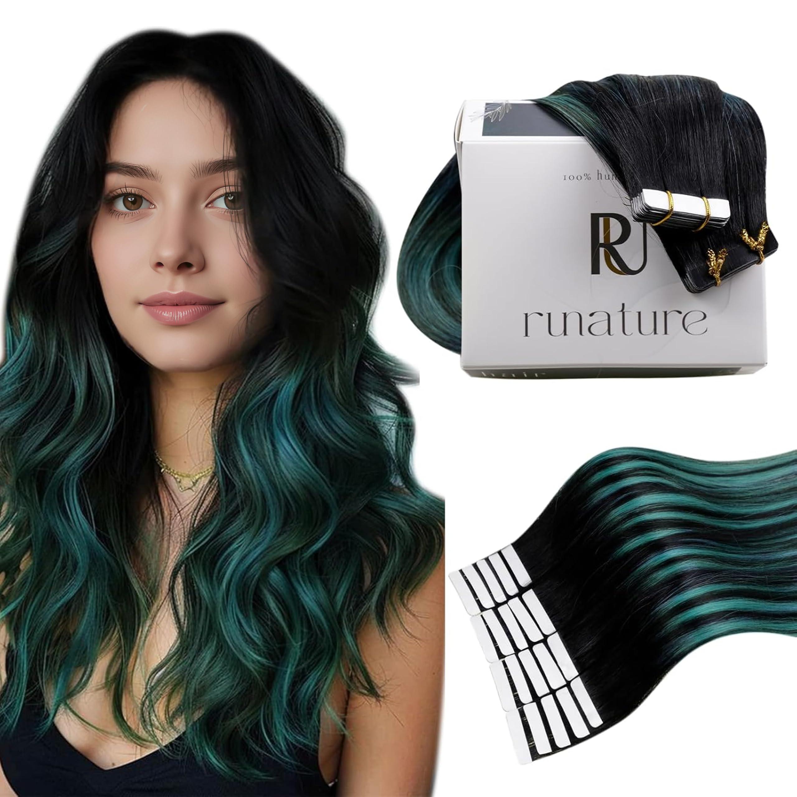 RUNATURE RUNATURE Black Ombre Tape in Hair Extensions Real Human Hair Tape in Extenions Short Natural Black to Blue Tape in Human Hair Extensions Teal Straight Glue in Hair Extensions Human Hair 12 Inch 30g