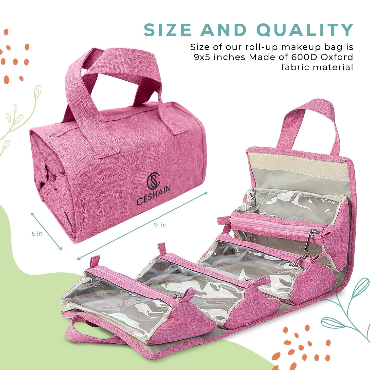 Ceshain 4-in-1 Hanging Toiletry bag - Roll-Up Makeup Bag - 4 Detachable PVC Zip Pouches 600D Oxford Fabric, Versatile Travel Toiletry Organizer Bag - Makeup, Cosmetics, First Aid, Medicine Personal Care,