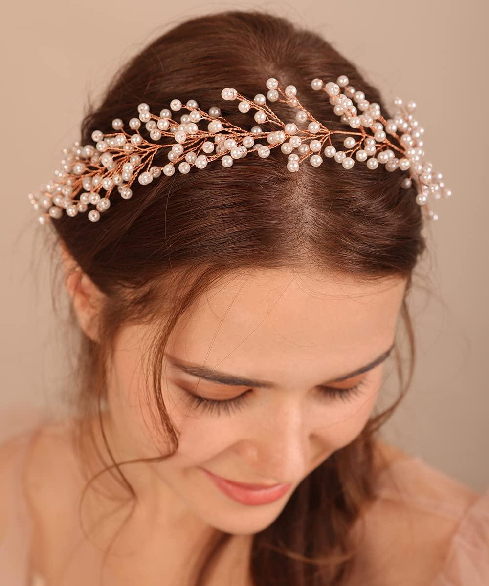 Xerling Xerling Brides Pearl Hair Vine Gold Headband for Girls Crystal Hairband Hair Accessories Wedding Bridal Head Piece for Women (Gold)