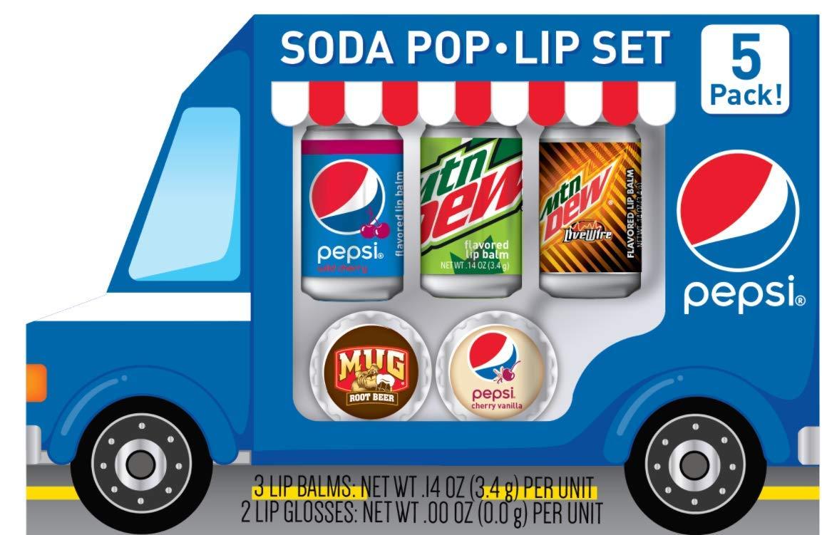 Taste Beauty Taste Beauty for Pepsi Soda Pop Truck Lip Balm Set- Wild Cherry, Mtn Dew, LiveWire, Root Beer & Cherry Vanilla Flavors