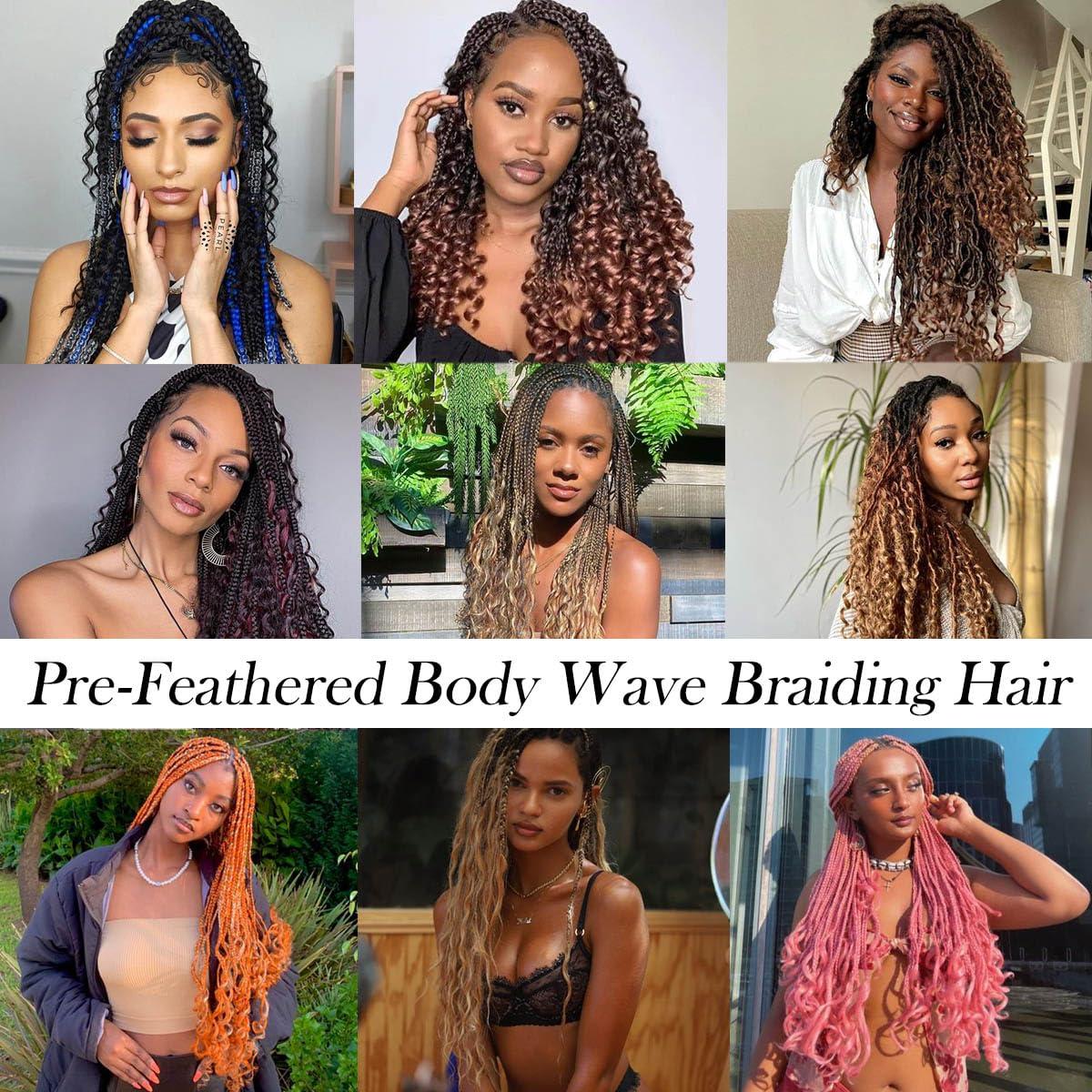 COOKOO COOKOO 3 Packs Natural Black Body Wave Braiding Hair 18 inch Pre-Feathered Braiding Hair for Boho Box Braids Bouncy Wavy Crochet Braids French Curl Crochet Braids Synthetic Hair Extensions(1B#)
