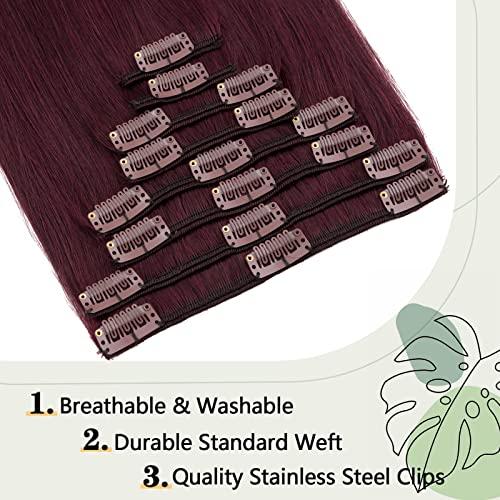 S-noilite S-noilite Clip in Hair Extensions Human Hair Clip in Human Hiar Short Wine Red Hair 8 Pieces 18 Clips 100% Real Human Hair Standard Weft Silky Full Head Straight 16"-90g Wine Red (#99J)