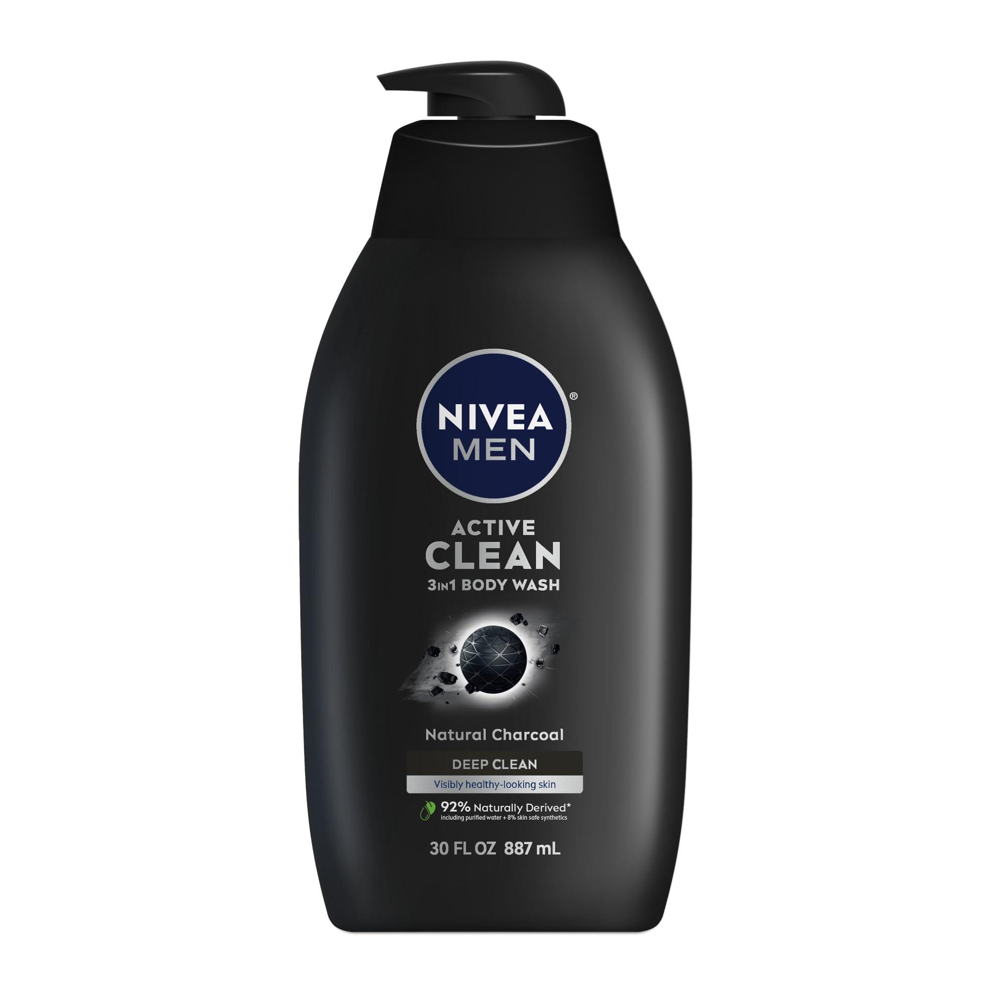Nivea Men Nivea Men Active Clean Body Wash with Natural Charcoal for Normal to Oily Skin, 3-in-1 Charcoal Body Wash, Face and Hair, Draws Out Dirt and Impurities, 30 Fl Oz Bottle