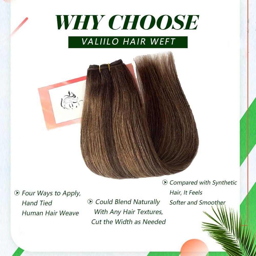 Valiilo Weft Hair Extensions Human Hair 24 Inch Sew in Hair Extension Real Human Hair 120G Double Weft Ombre Light Brown to Ash Brown Highlights Sew in Human Hair Extension Full Head Remy Hair Weft Extension