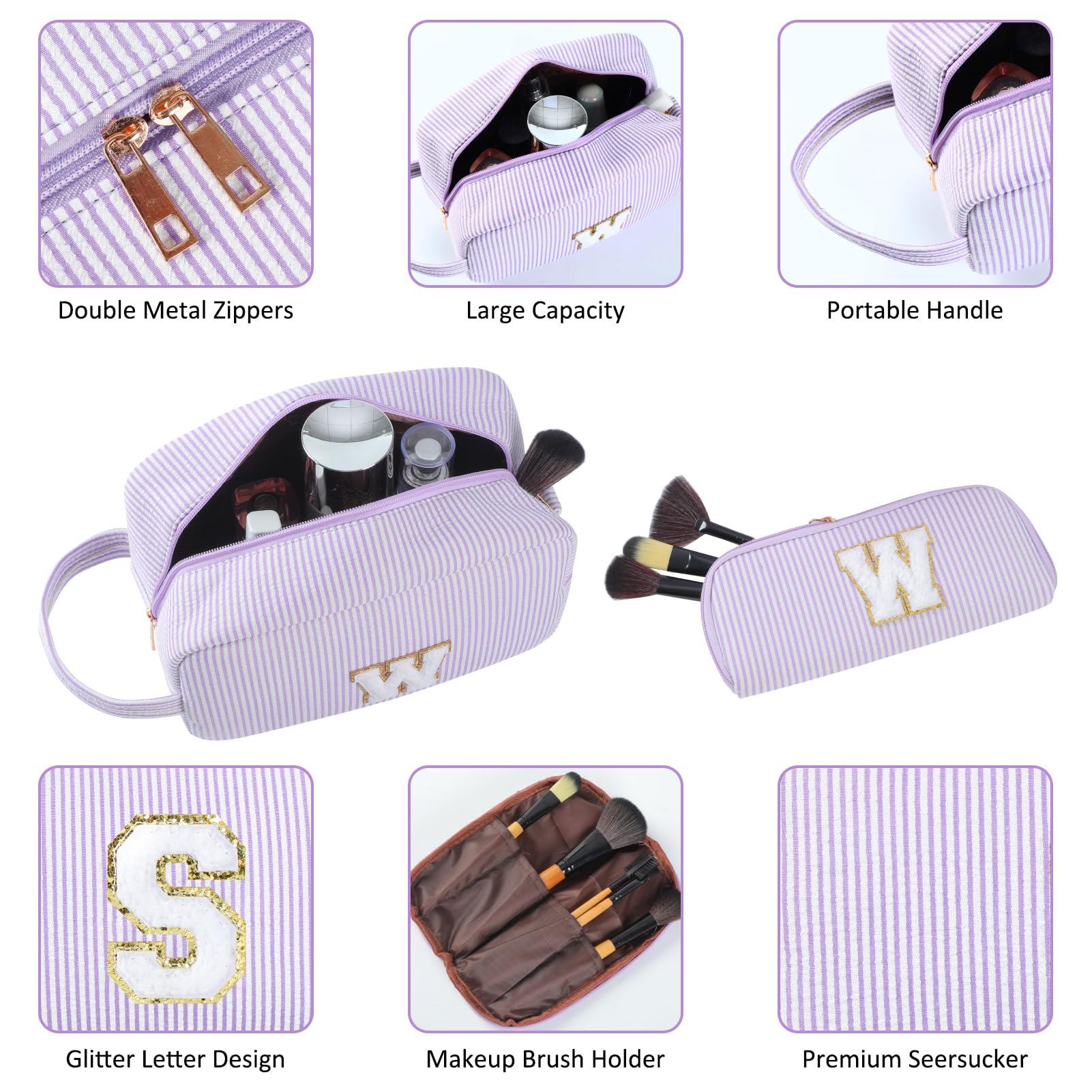 Huifen Huifen 2pcs Personalized Initial Makeup Bag A-Z, Travel Toiletry Bag Preppy Make Up Bags Girls Cute Cosmetic Pouch Makeup Organizer Wedding Birthday Mothers Day Gifts for Women (Purple, J)