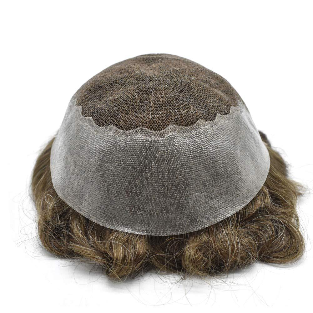LYRICAL HAIR Toupee for Men Hair Replacement System Swiss Lace Mens toupee Front Bleached Knot Natural Hairline Men Hair Unit 100% Human Hair Gray Brown Black Blonde Men Hair Piece (7\"X9\", #6 Light Brown-100% Light to Medium Light Density)