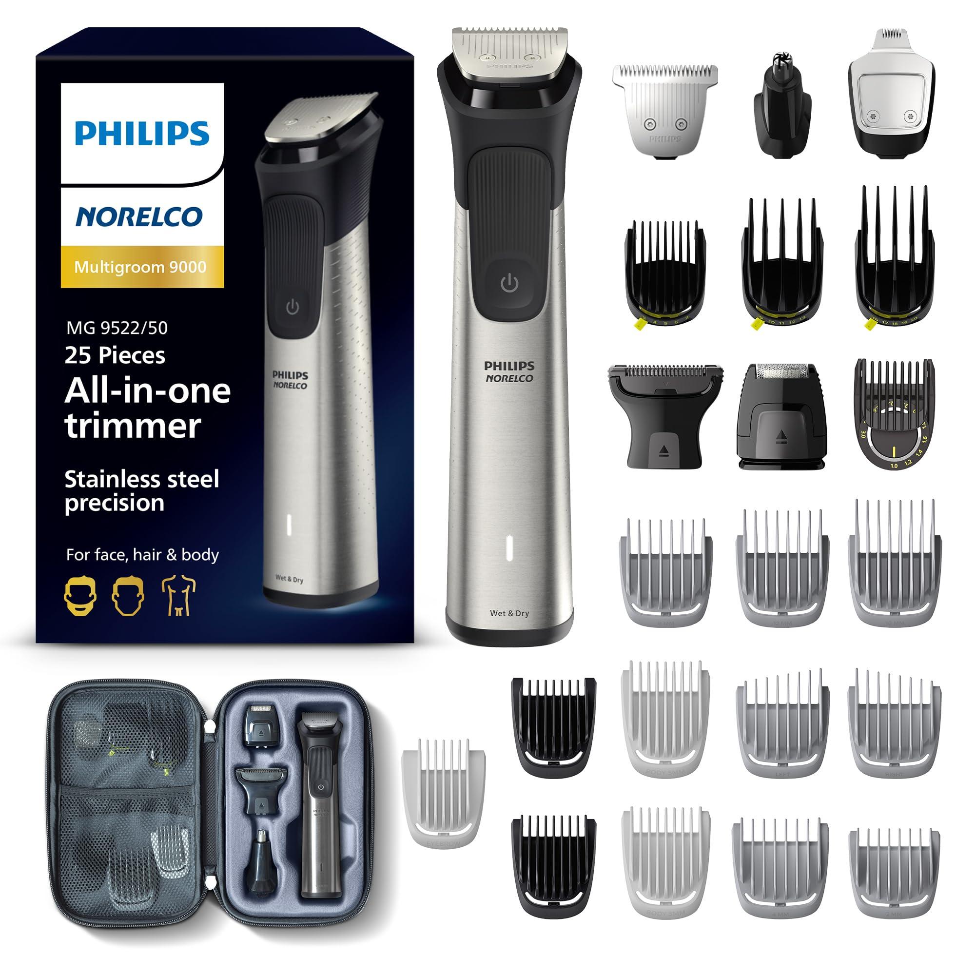 Norelco Philips Norelco Multigroom 9000 Series, All-in-One Trimmer, Beard Trimmer and Hair Clipper, 25-Piece/27-Length Men\'s Grooming Kit for Beard, Face, Nose, Ear and Body, Travel Kit, MG9522/50