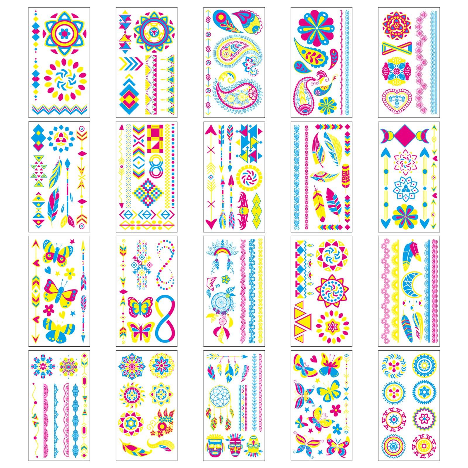 Heliltd Heliltd 20 Sheet Neon Temporary Tattoos Glow in The Dark Temporary Tattoos Fluorescence UV Neon Fake Waterproof Tattoo Stickers for Bar Party Nightclub Music Rave Festival Accessory Party Stickers