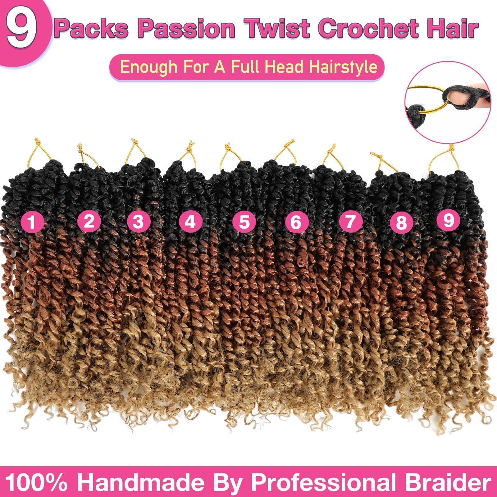 Pofworld 9 Packs Passion Twist Crochet Hair 10 Inch Pre-twisted Passion Twist Hair Pre Looped Crochet Passion Twist Hair Bohemian Passion Twist Crochet Braids Hair for Women Girls and Kids (10Inch,T1B/30/27)