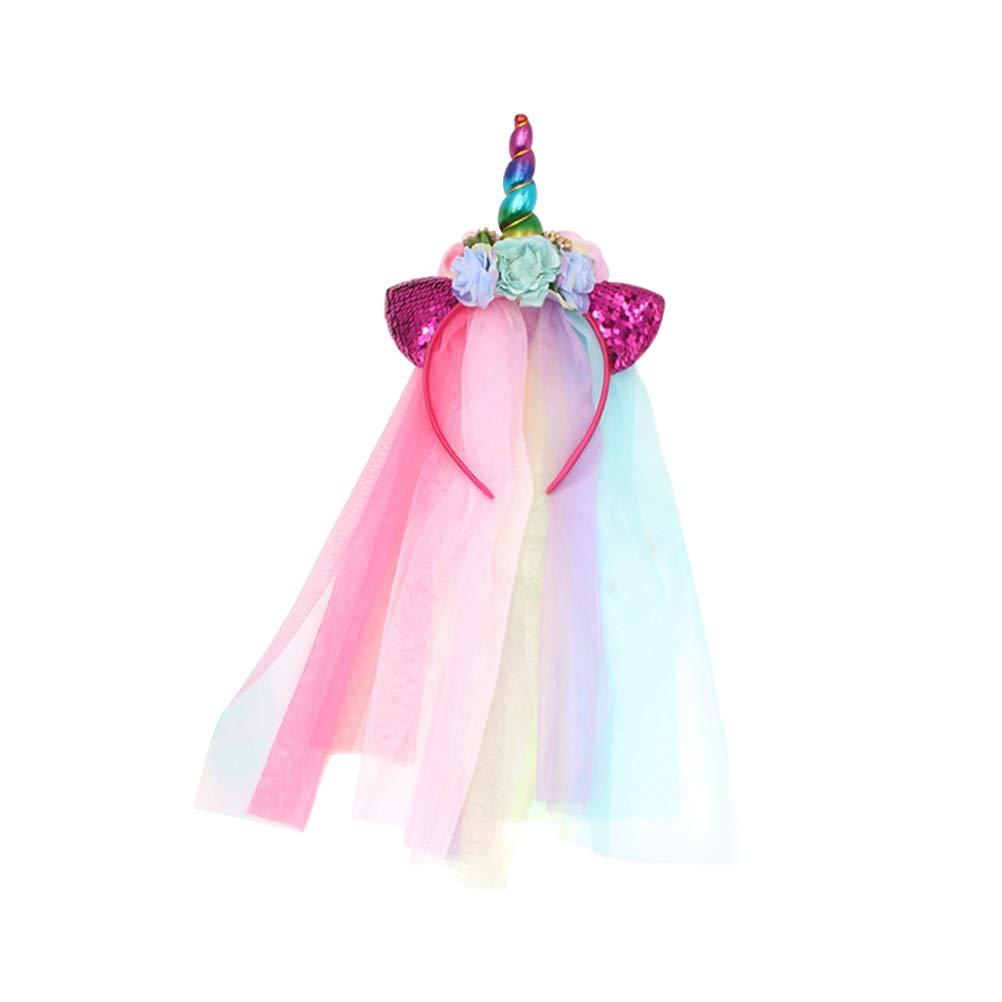 SaditY 2pcs Unicorn Headband with Veil Rainbow Unicorn Hair Hoop Gauze Flower Head Hoop for Girl