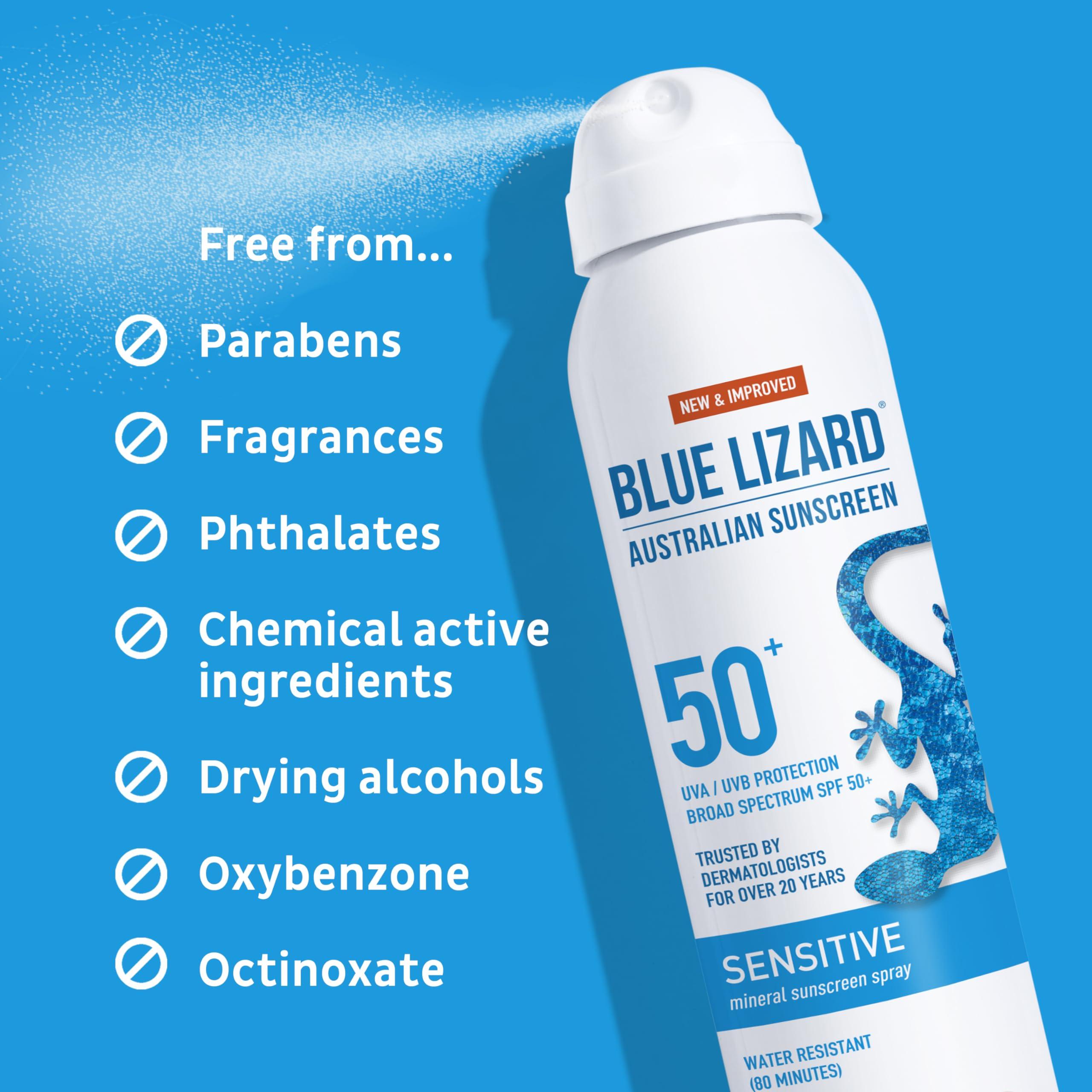 BLUE LIZARD Blue Lizard Sensitive Mineral Sunscreen Spray SPF 50+, Dermatologist-Recommended Brand, Broad-Spectrum UVA/UVB Protection, Water-Resistant, Zinc Oxide Formula, 5 fl oz (Pack of 2)