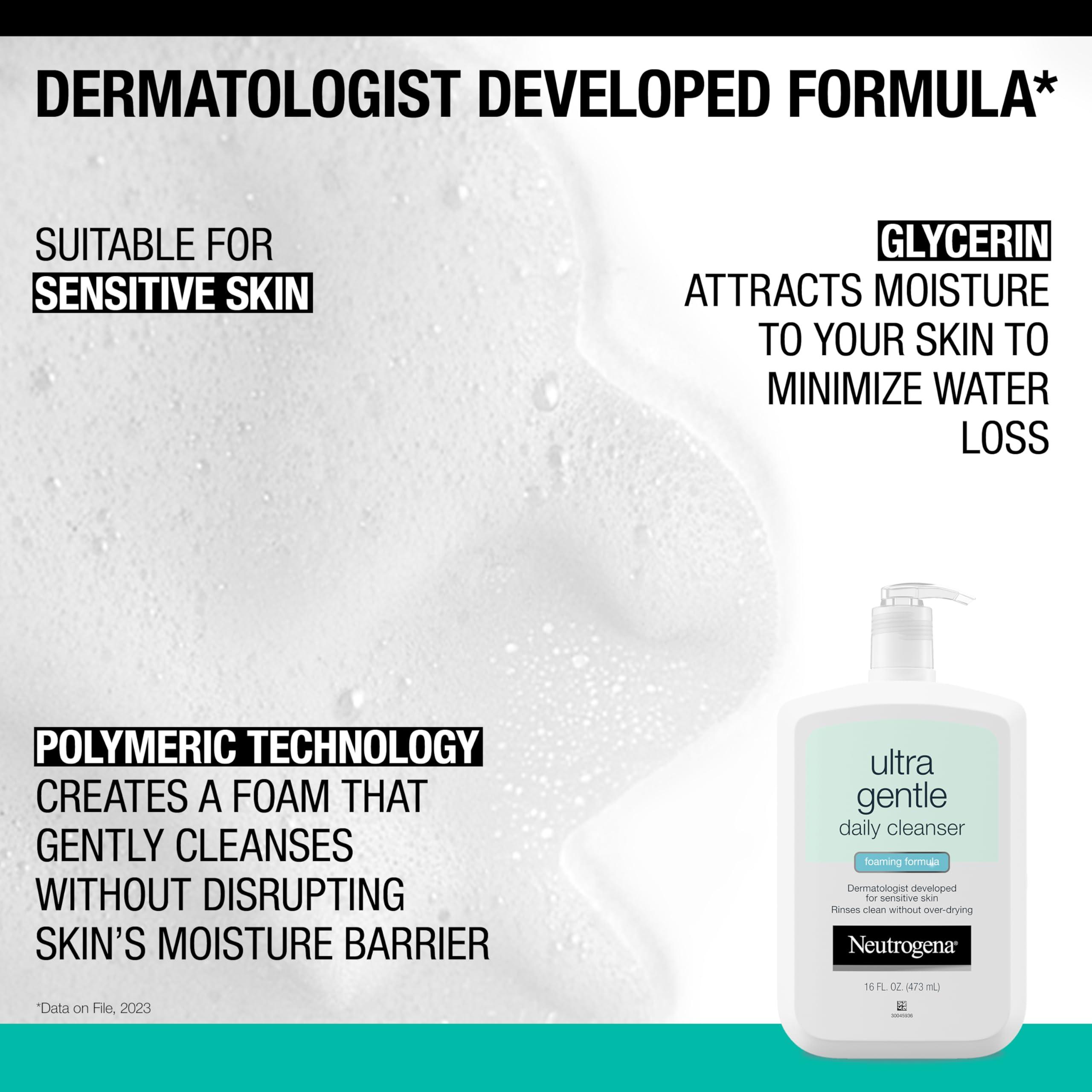 Neutrogena Neutrogena Ultra Gentle Daily Foaming Facial Cleanser, 16 fl. oz, Daily Facial Moisturizer, 3.4 fl. oz, Non-Comedogenic Skincare for Sensitive Skin, 2 Items