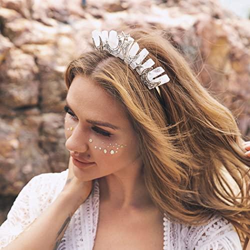 Formery Formery Star White Quartz Headband Silver Crescent Moon Natural Stone Crown Hairband Halloween Cosplay Wedding Crystal Tiara Headpiece for Women