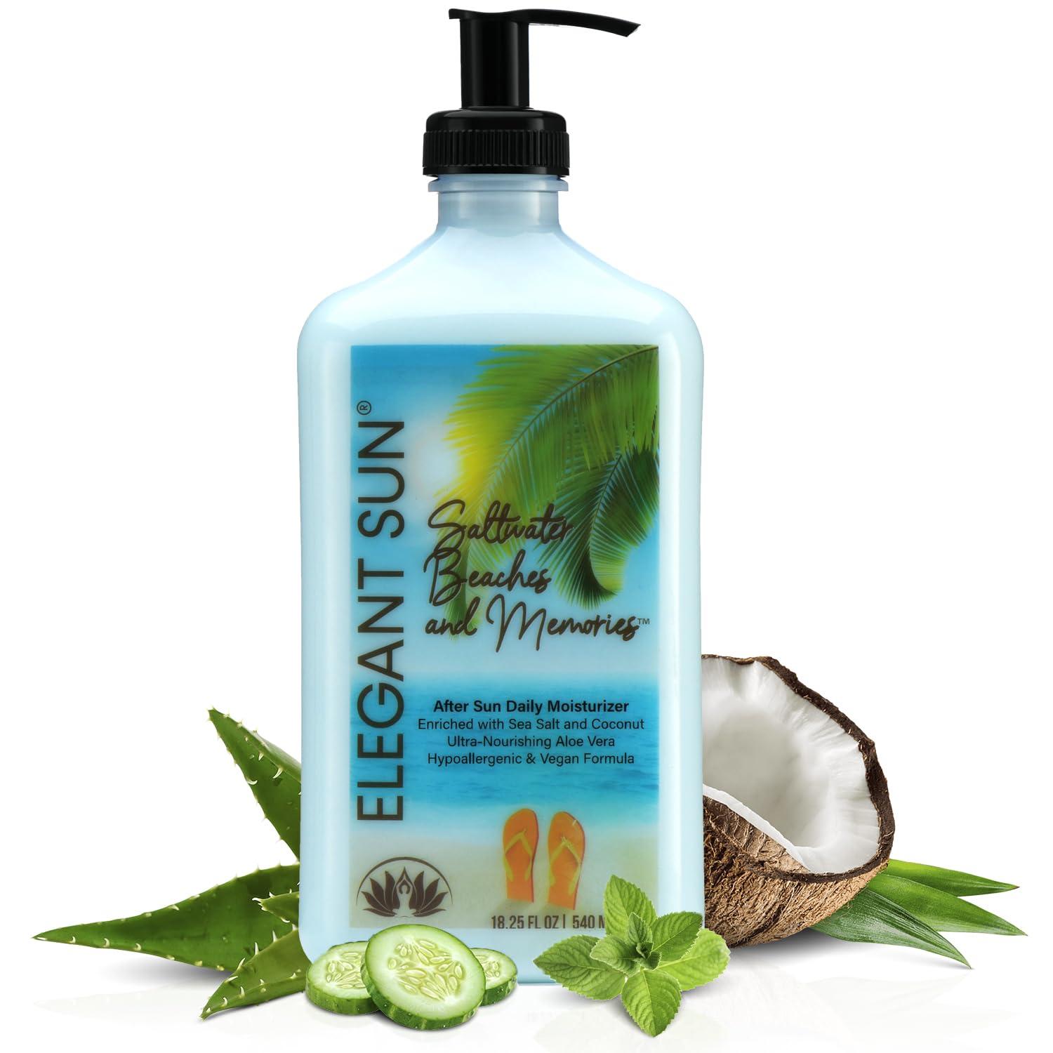 Elegant Sun Saltwater Beaches Tan Extender, After Sun Lotion or Tanning Bed Moisturizer, Aloe Vera Base, Hypoallergenic, Sensitive Skin Care Lotion for Men or Women, Unisex Fresh Scent, Elegant Sun