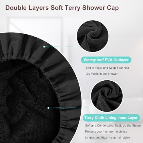 SHEOMERN Sheomern 2 Pcs 15\" XL Extra Large Terry Lined Shower Cap, Adjustable Dual Waterproof Shower Cap for Women Reusable Soft Hair Cap Bath Cap for Long Braids, Thick Hair, Locs, Curly Hair