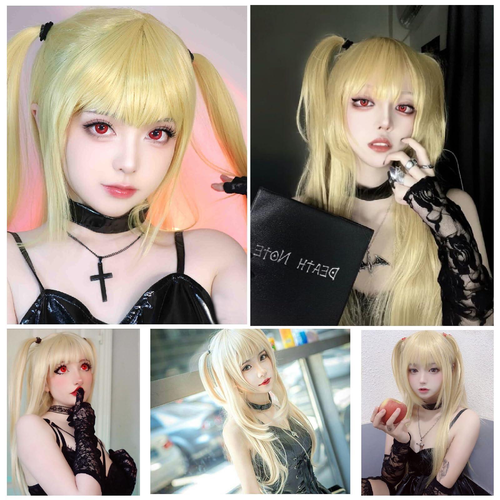 Wiggy Mermaid Long Blonde Wig for Misa Amane Cosplay, Long Straight Yellow Cute Kawaii Wig with Bangs + Cap for Halloween Costume