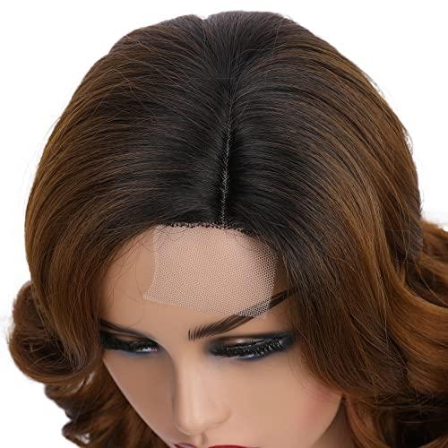 HANNE HANNE Short Curly Lace Part Loose Wave Synthetic Wigs for Black Women High Density Heat Resistant Omber Brown Curly Lace Wig (1B/30#)