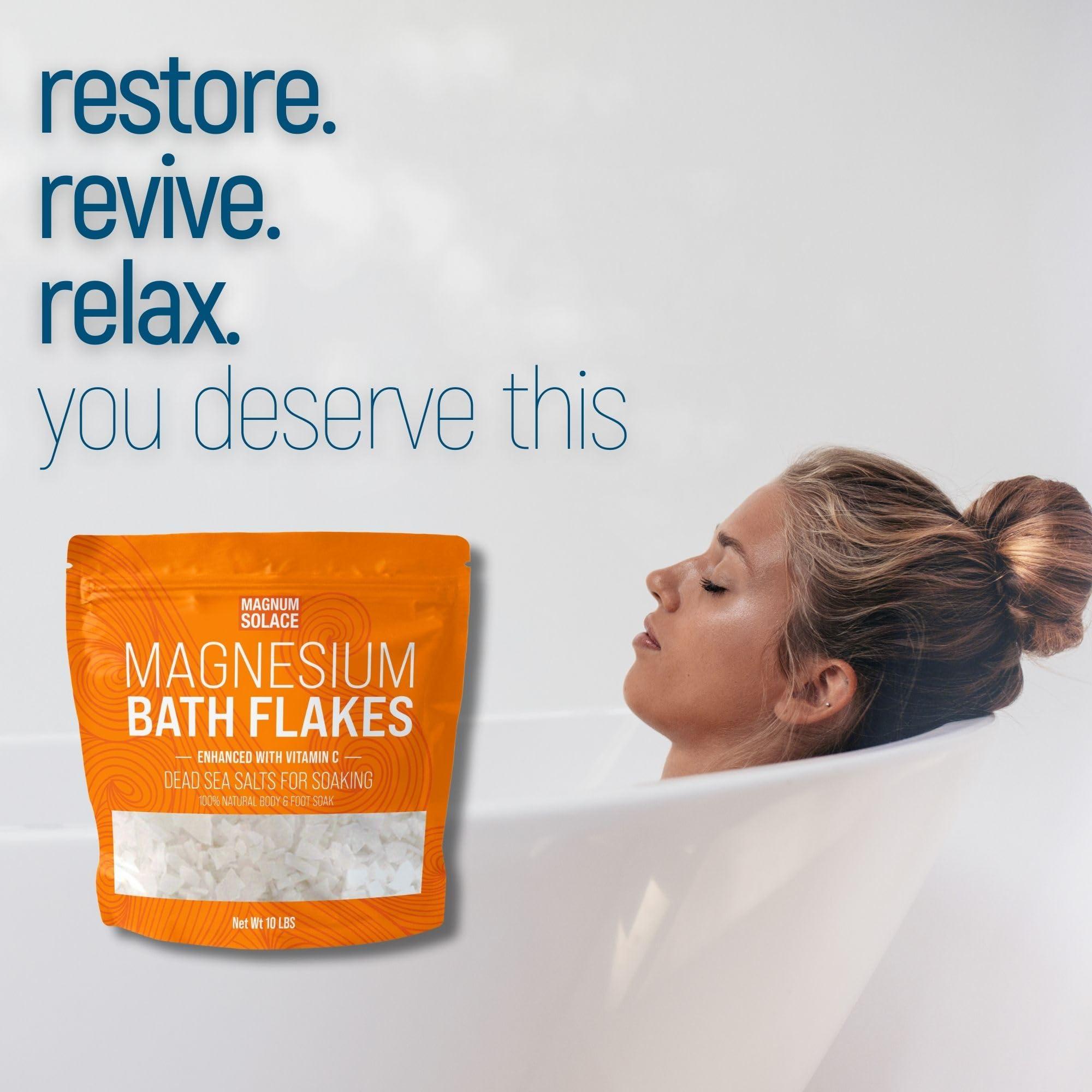 Magnum Solace Magnesium Flakes for Bath - Magnesium Chloride Flakes - Dead Sea Salts for Soaking - Enhanced with Vitamin C Crystals, 5.0 LBS